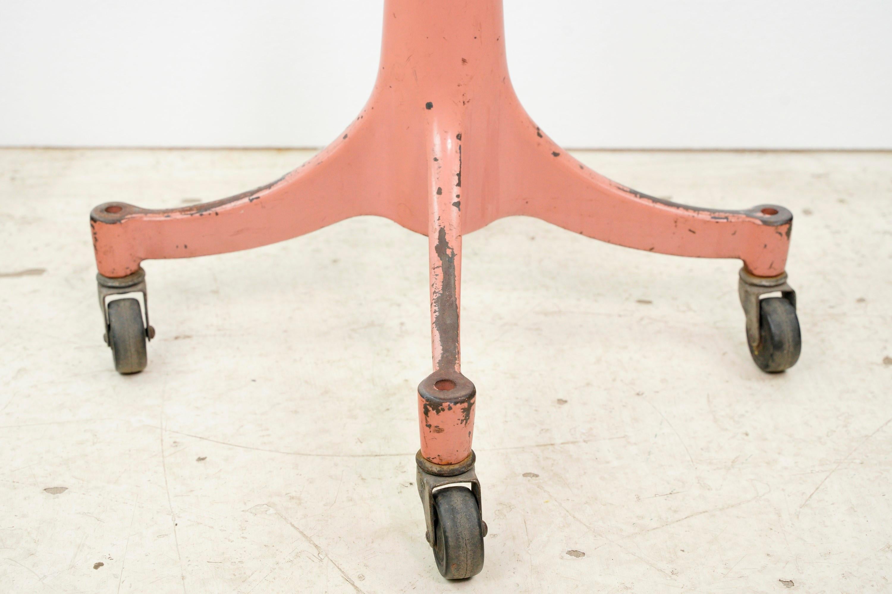 Antique Pink Cast Iron Base Adjustable Black Leather Stool For Sale 4