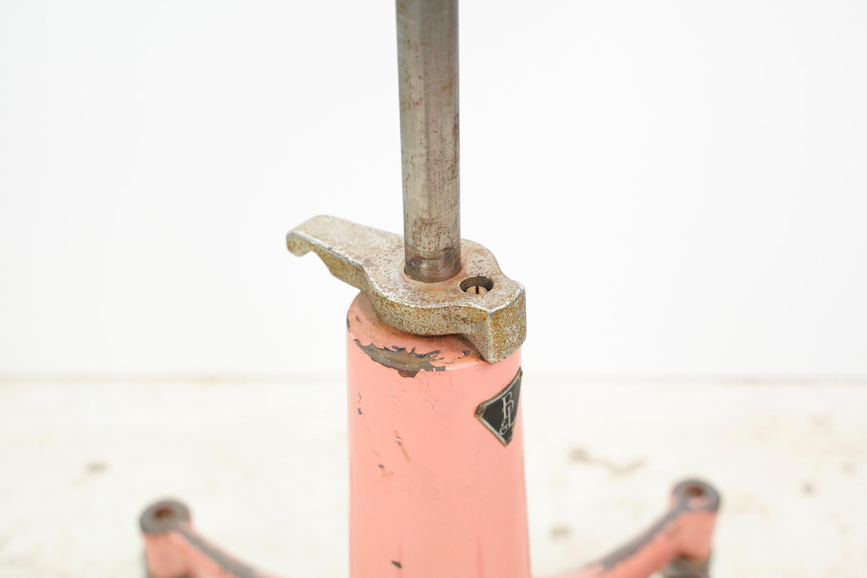 Antique Pink Cast Iron Base Adjustable Black Leather Stool For Sale 1