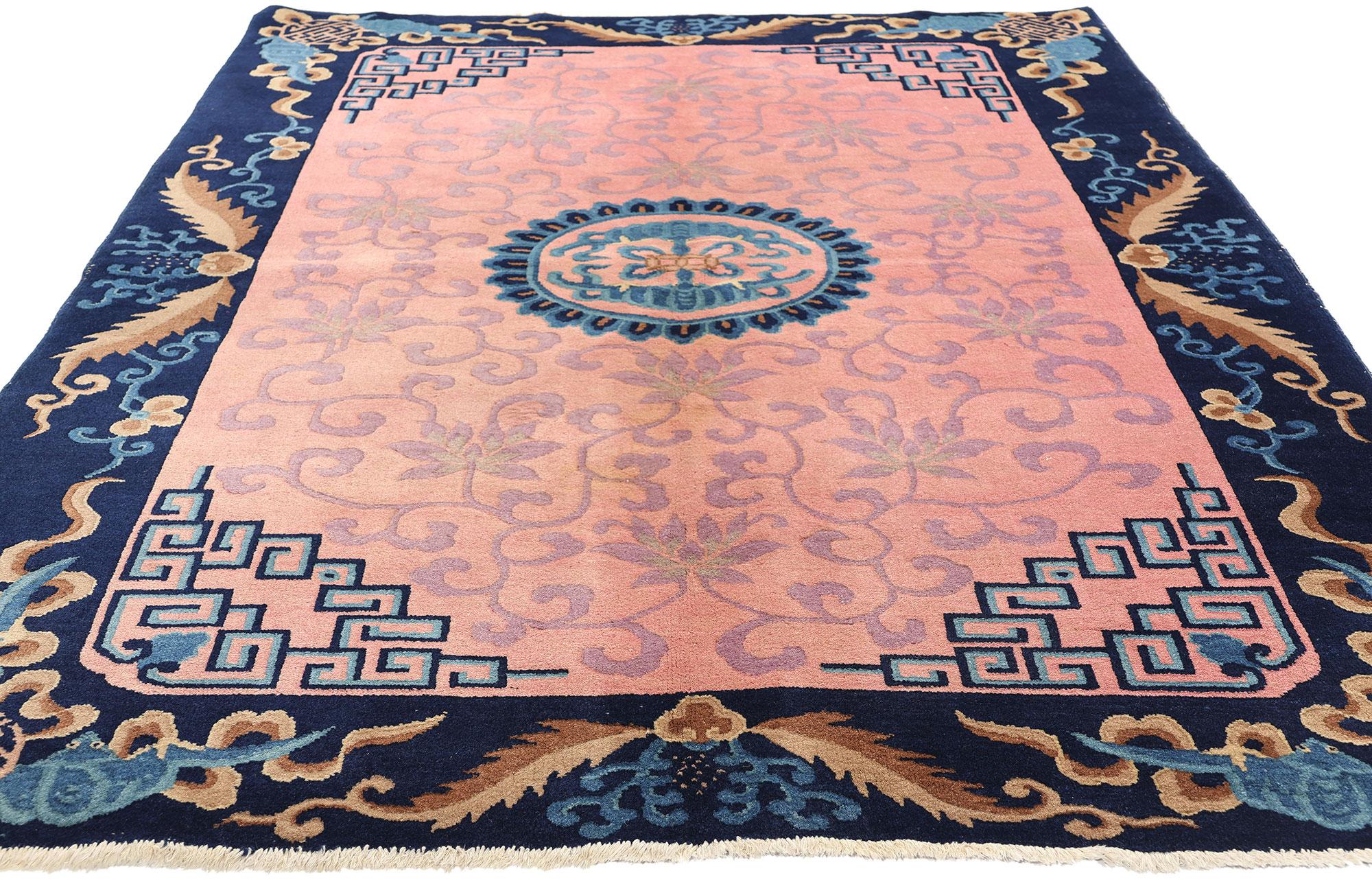 Hand-Knotted Antique Pink Chinese Art Deco Rug with Jazz Age Splendor For Sale