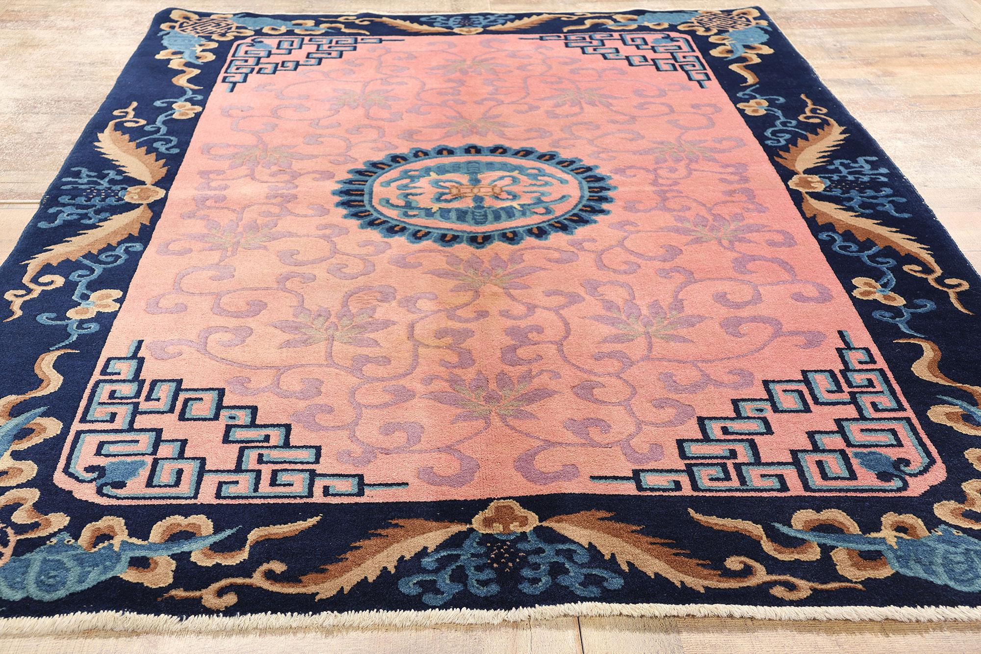 Antique Pink Chinese Art Deco Rug with Jazz Age Splendor For Sale 2