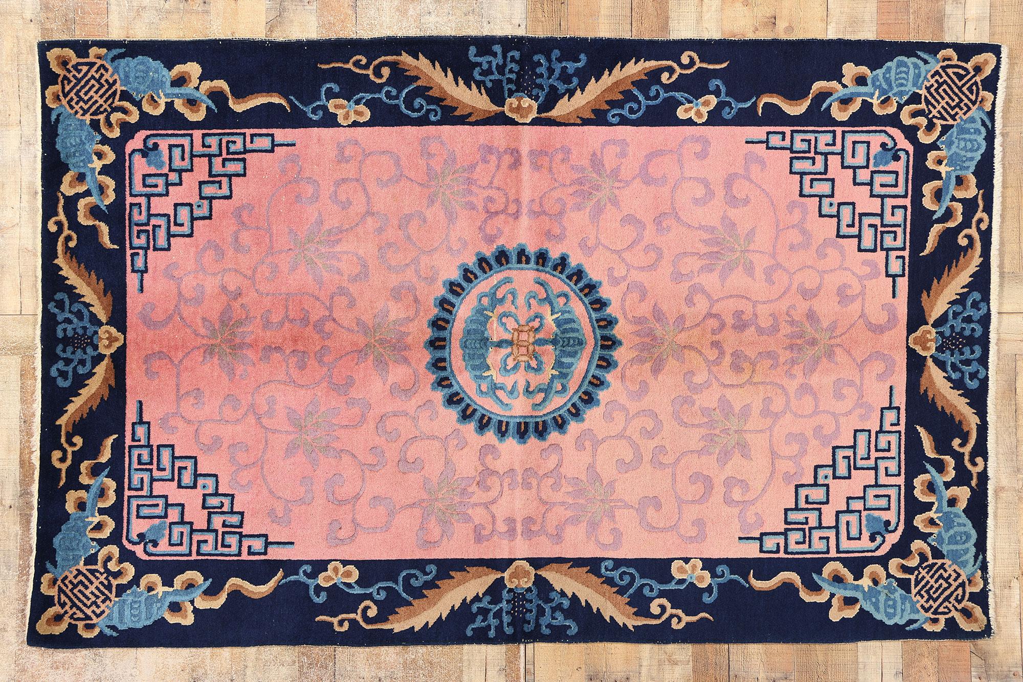 Antique Pink Chinese Art Deco Rug with Jazz Age Splendor For Sale 3