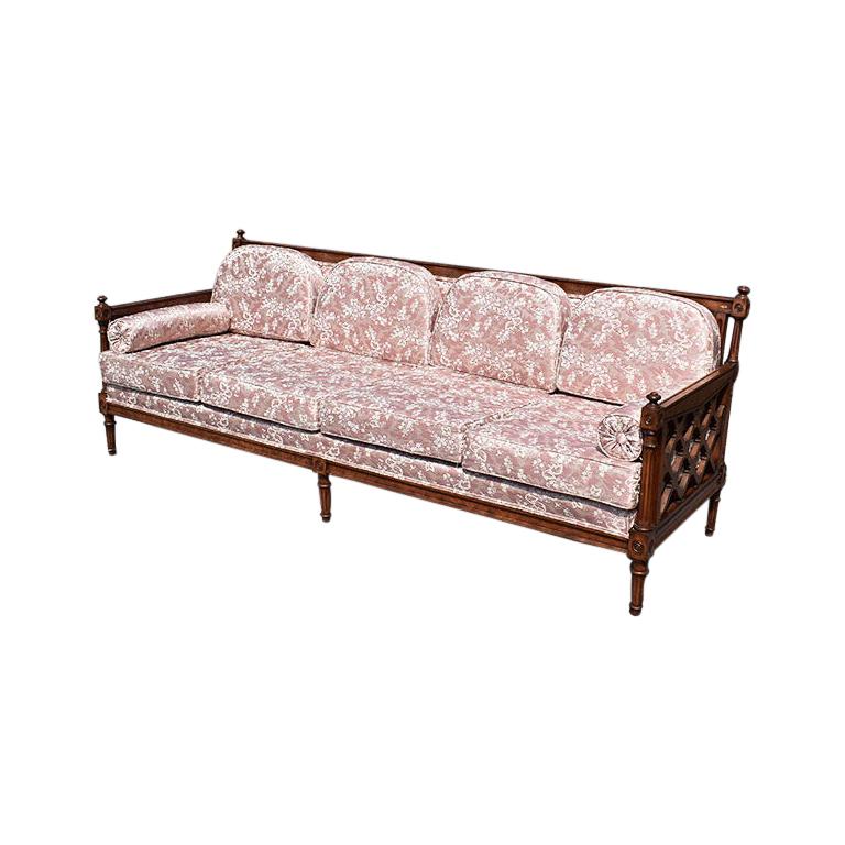 Antique Pink Chinoiserie Silk Antique Carved Sofa Couch or Daybed