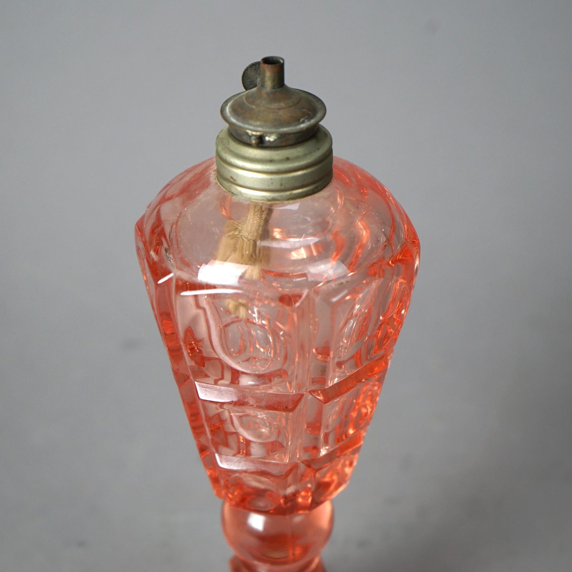 Antique Pink Coinspot Pressed Glass Oil Lamp C1840 In Good Condition For Sale In Big Flats, NY