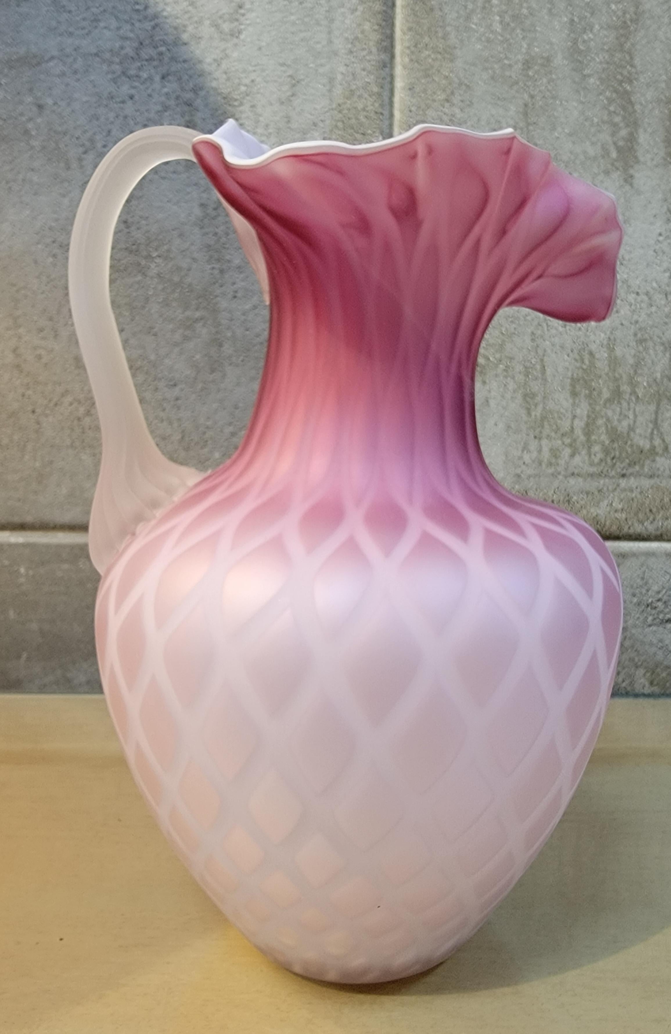 Victorian Antique Pink Diamond Quilted Cased Glass Pitcher For Sale