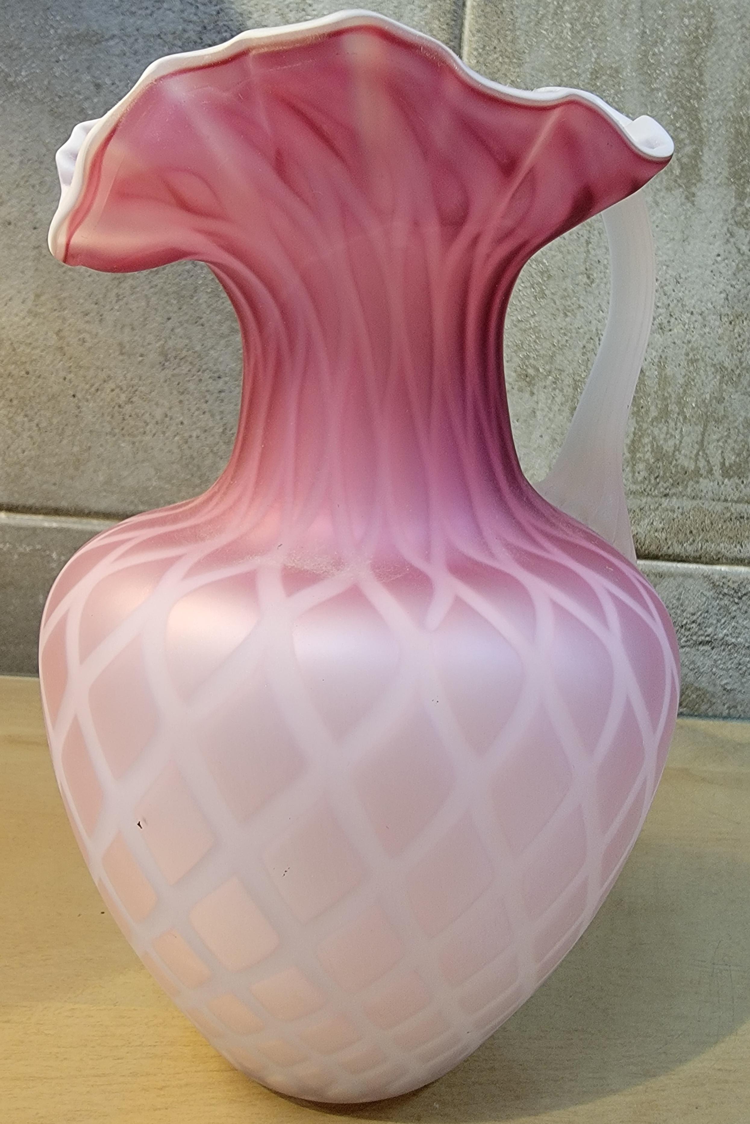 Antique Pink Diamond Quilted Cased Glass Pitcher In Good Condition For Sale In Fulton, CA