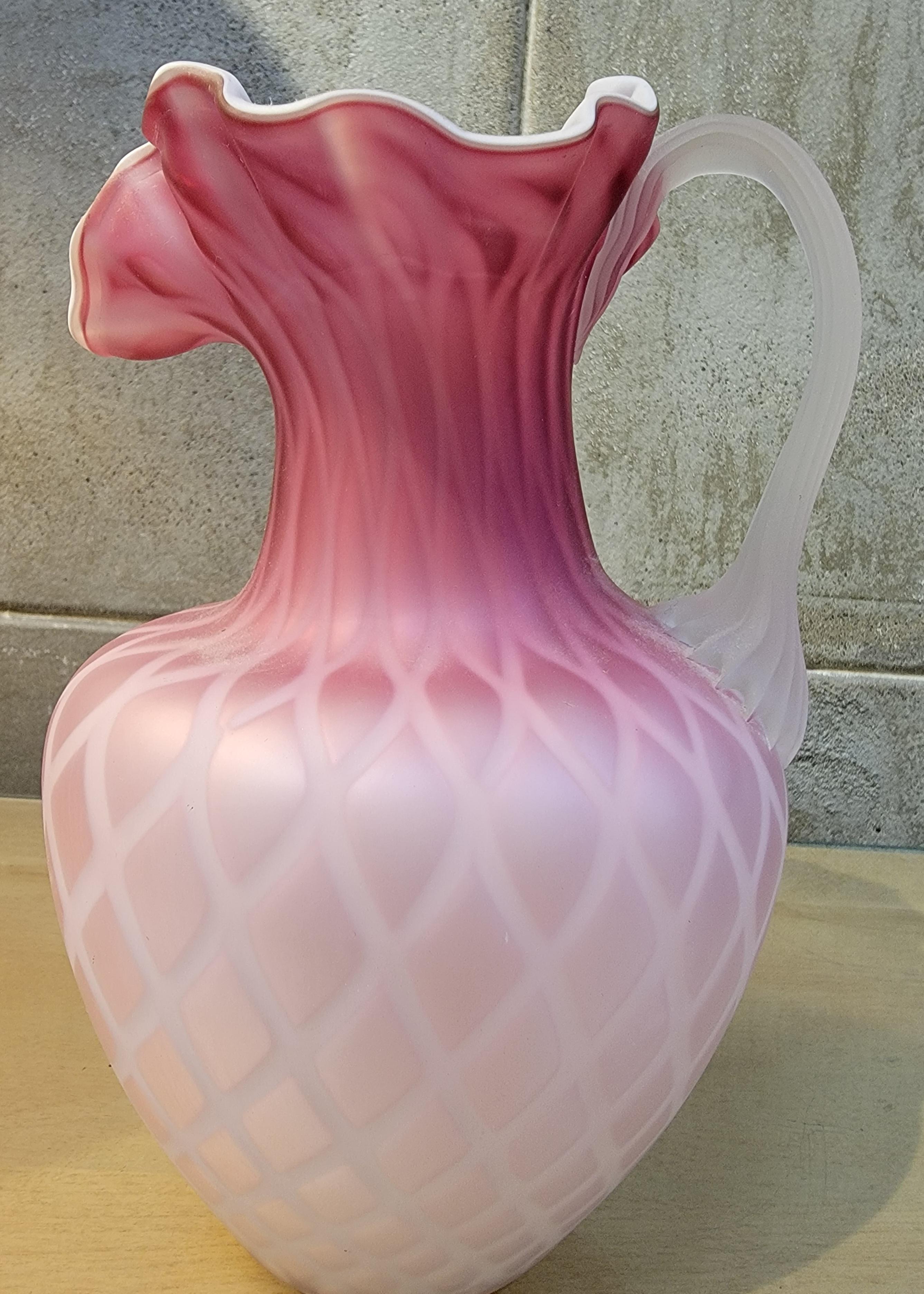 19th Century Antique Pink Diamond Quilted Cased Glass Pitcher For Sale