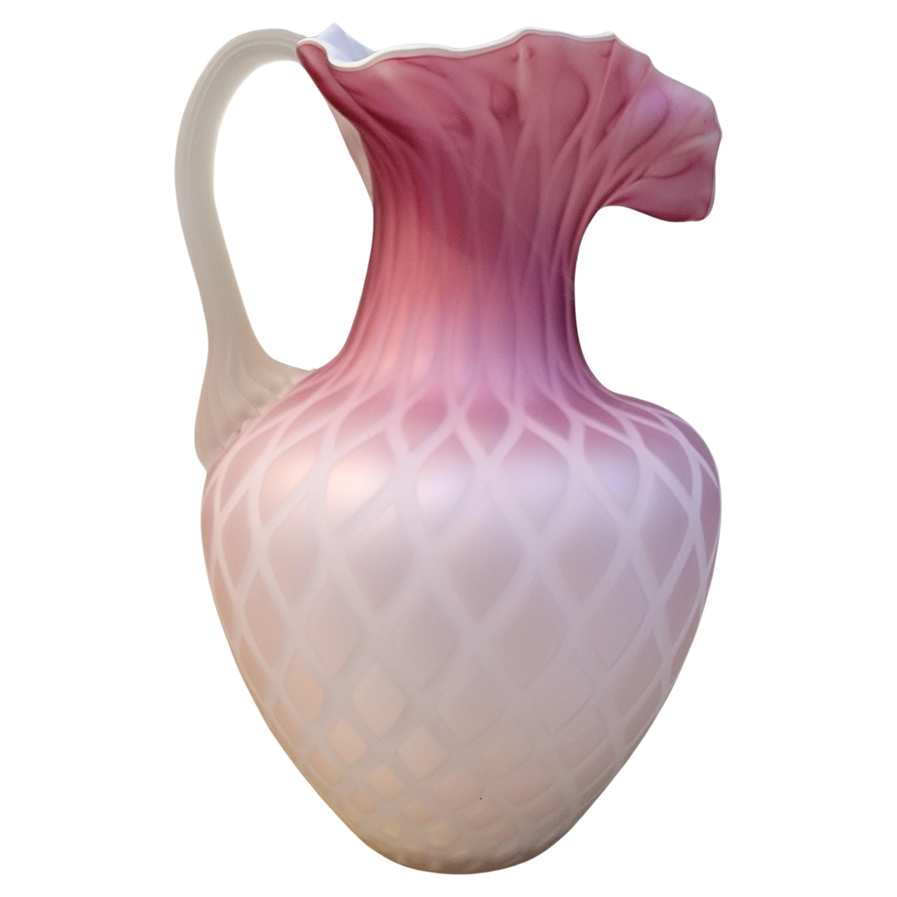 Antique Pink Diamond Quilted Cased Glass Pitcher For Sale