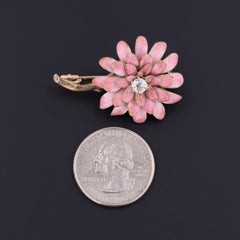 Antique Pink Enamel and Diamond Flower Brooch of 14k Gold