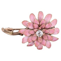 Antique Pink Enamel and Diamond Flower Brooch of 14k Gold