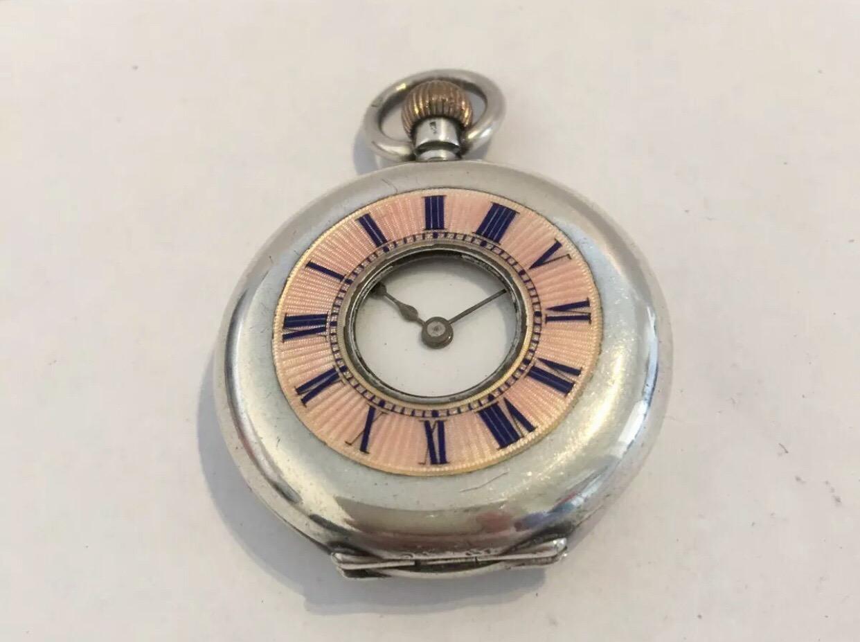 Antique Pink Enamel Small Silver Half Hunter Cased Pocket Watch For Sale 4