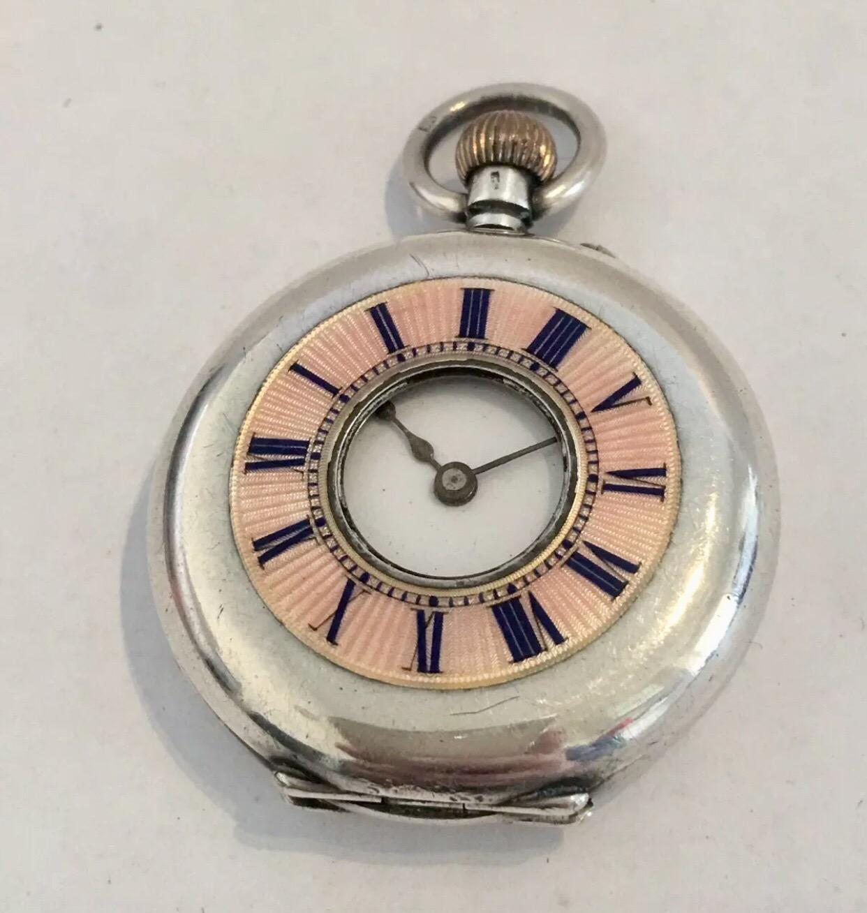 Antique Pink Enamel Small Silver Half Hunter Cased Pocket Watch For Sale 2