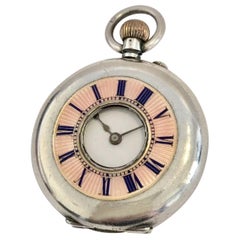 Antique Pink Enamel Small Silver Half Hunter Cased Pocket Watch