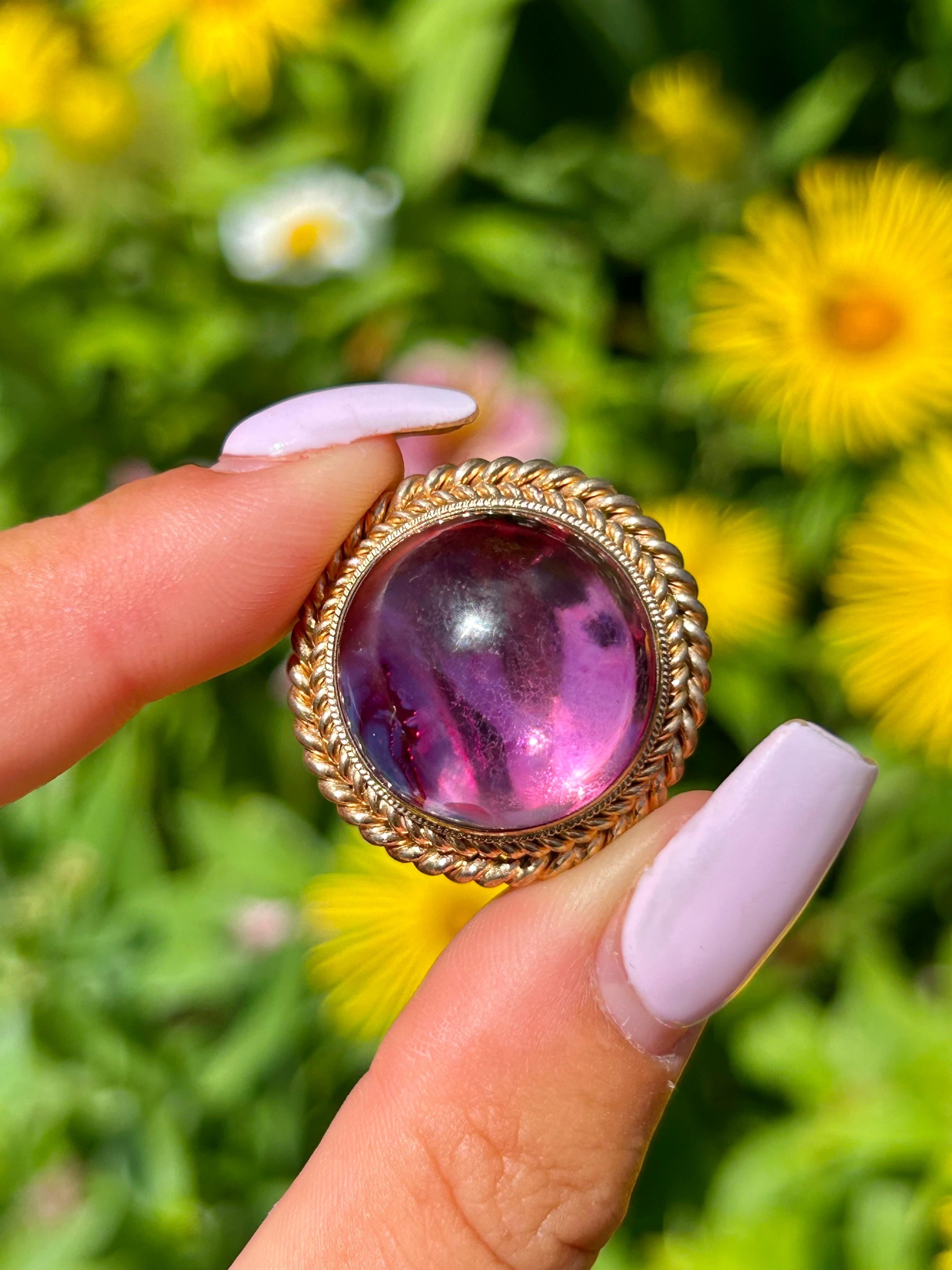 Antique Pink Foiled Cabochon Brooch and Earrings Suite in Antique Box For Sale at 1stDibs