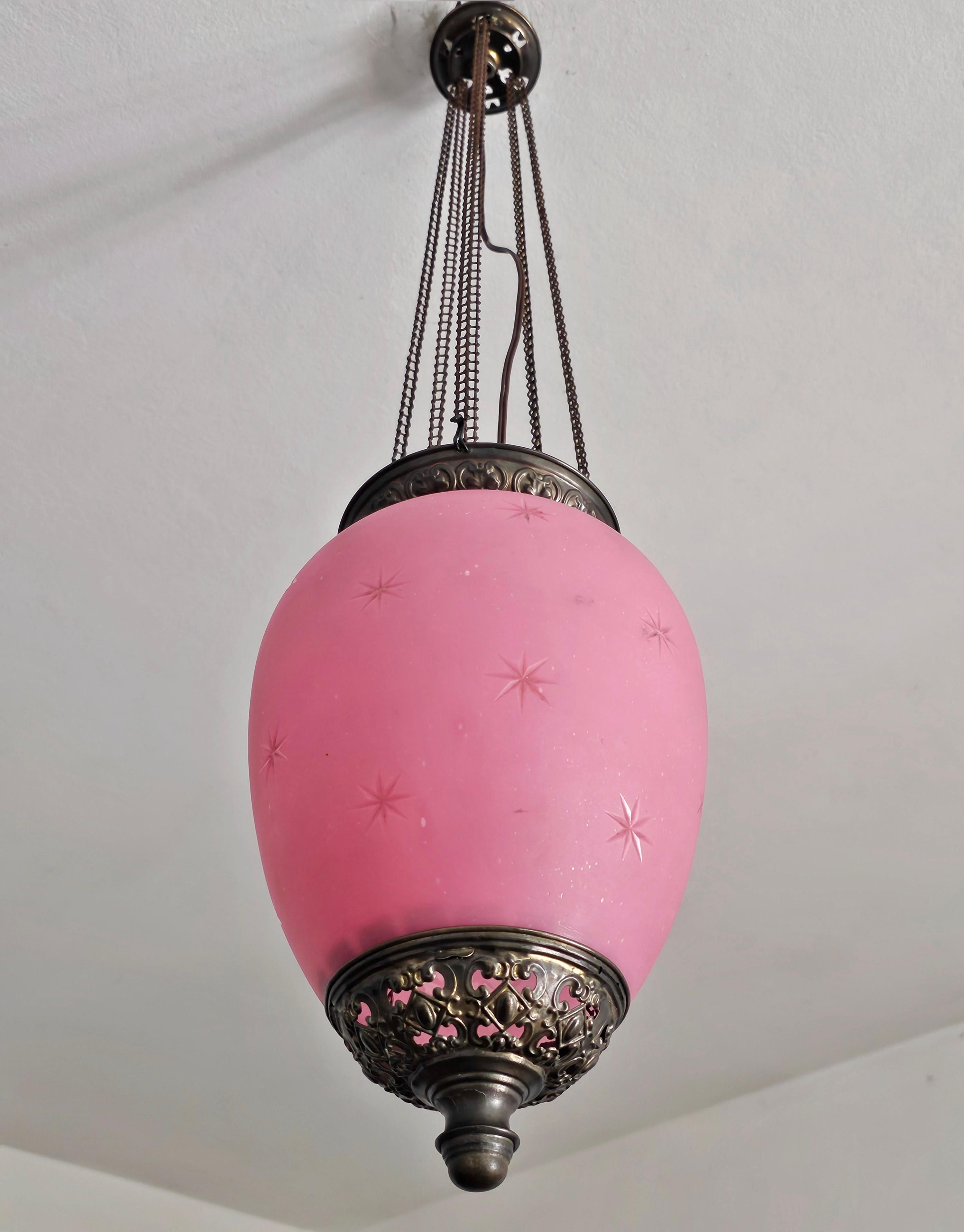 Austrian Antique Pink Glass and Brass Lantern, Austria cca. 1850s For Sale
