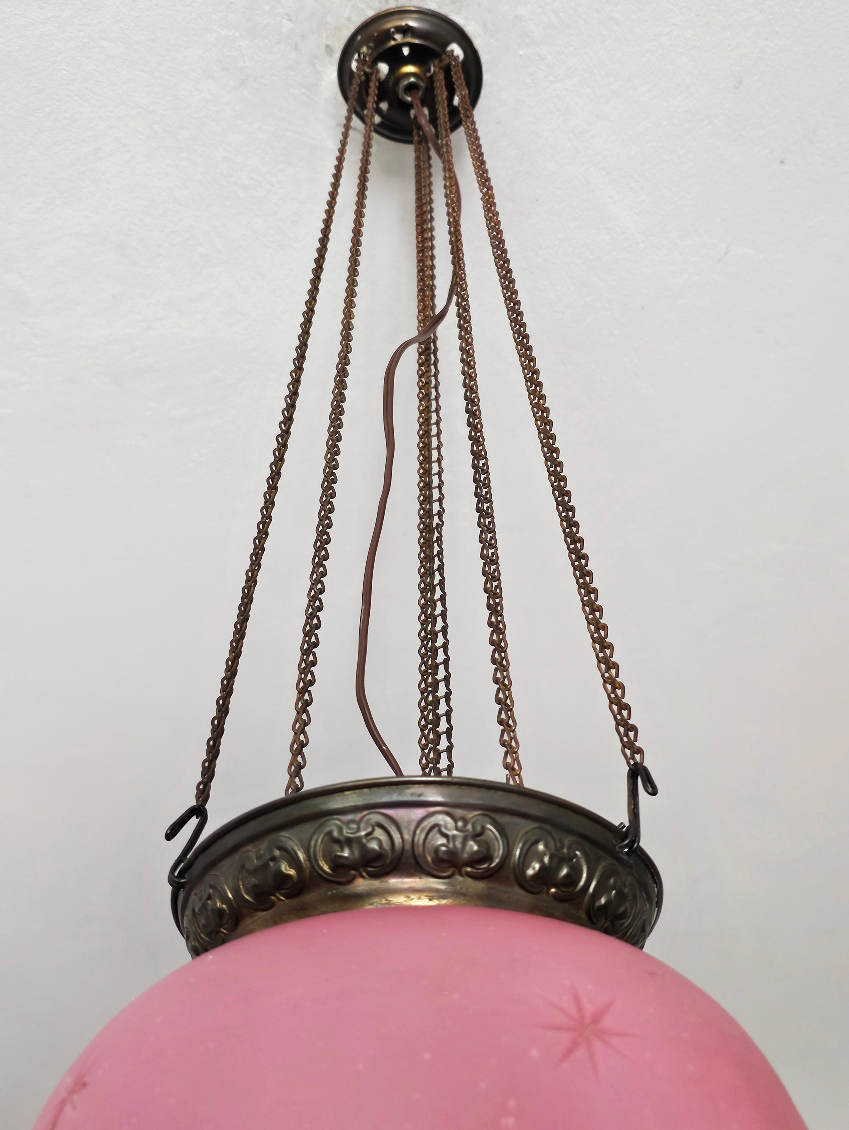 Antique Pink Glass and Brass Lantern, Austria cca. 1850s For Sale 3