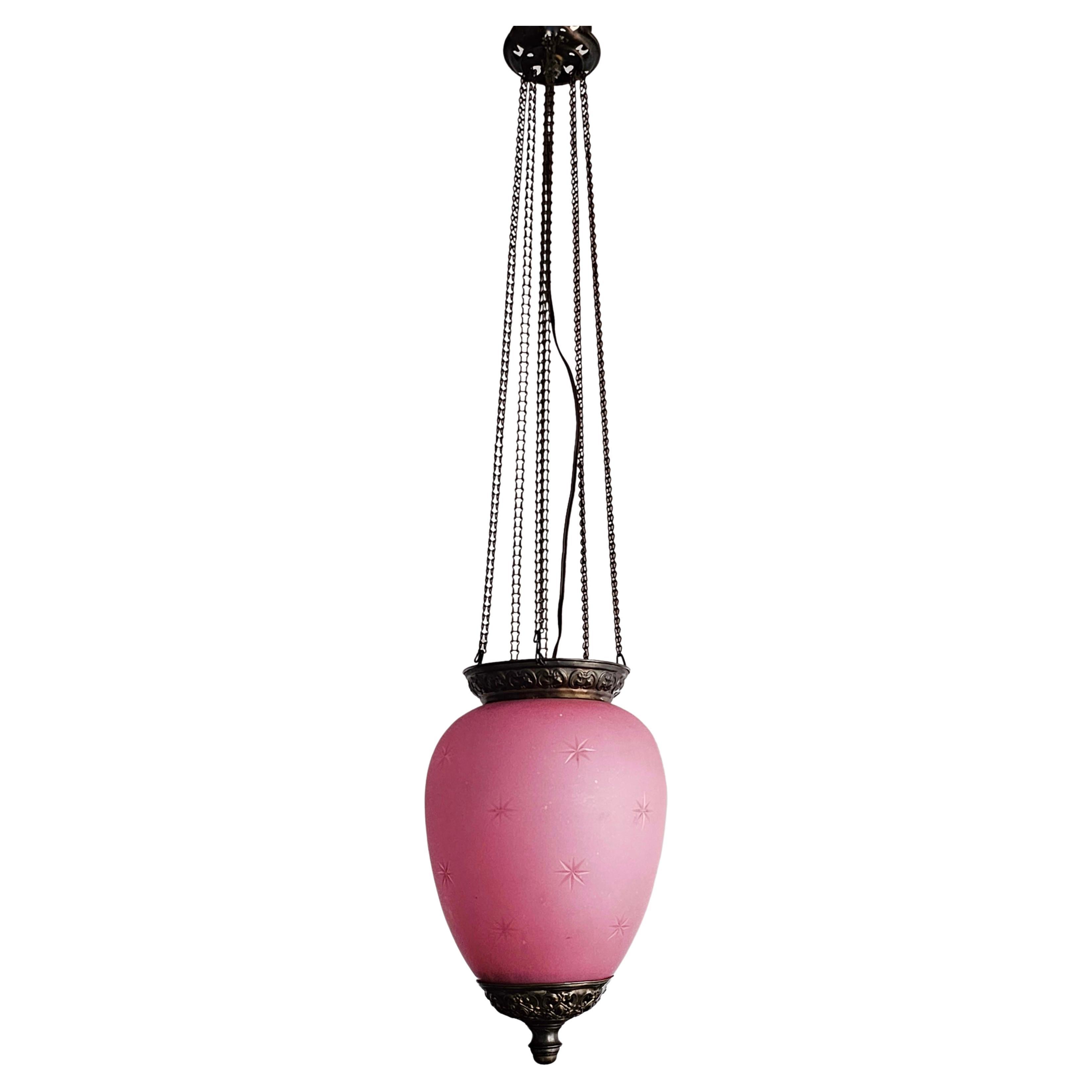 Antique Pink Glass and Brass Lantern, Austria cca. 1850s For Sale