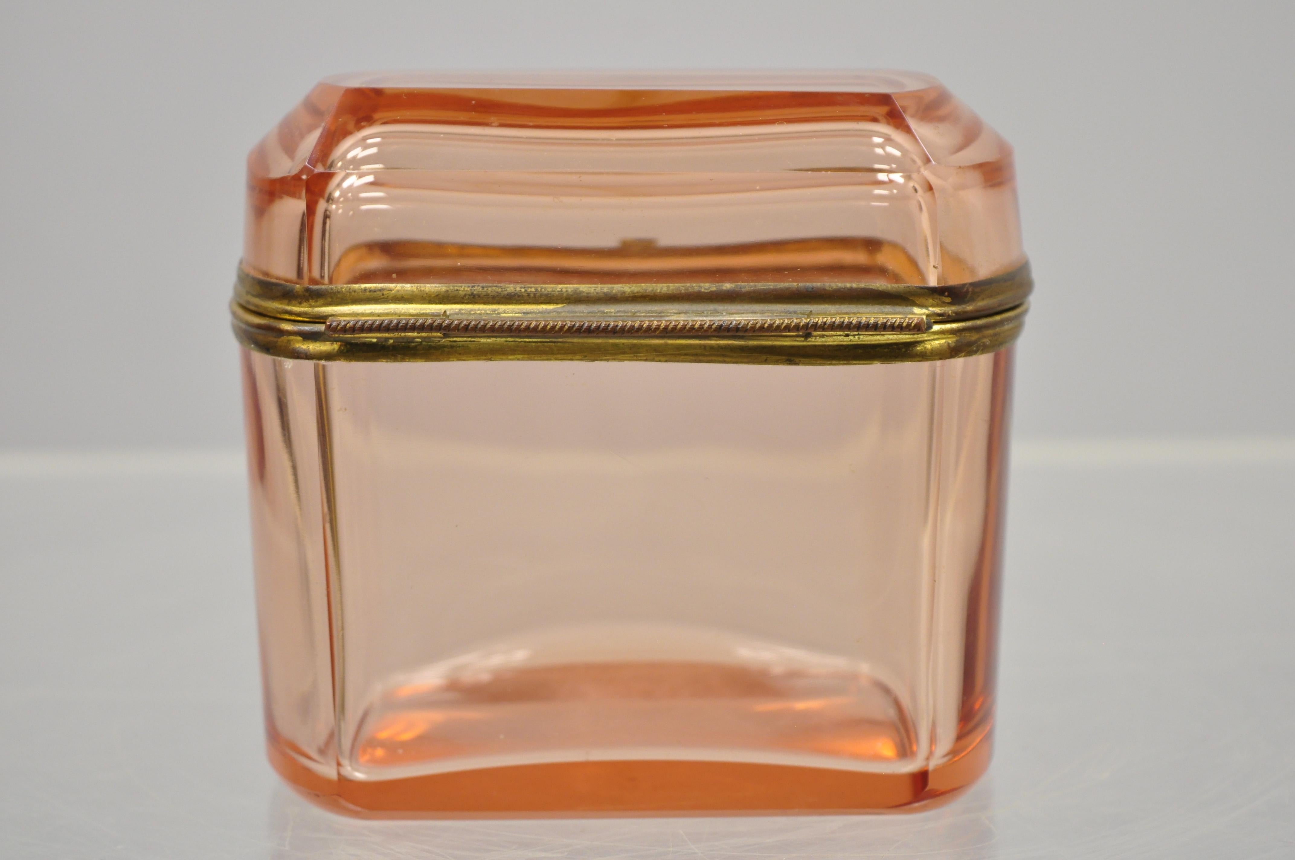 Antique Pink Glass Trinket Jewelry Casket Box Chest Brass Hinge 2