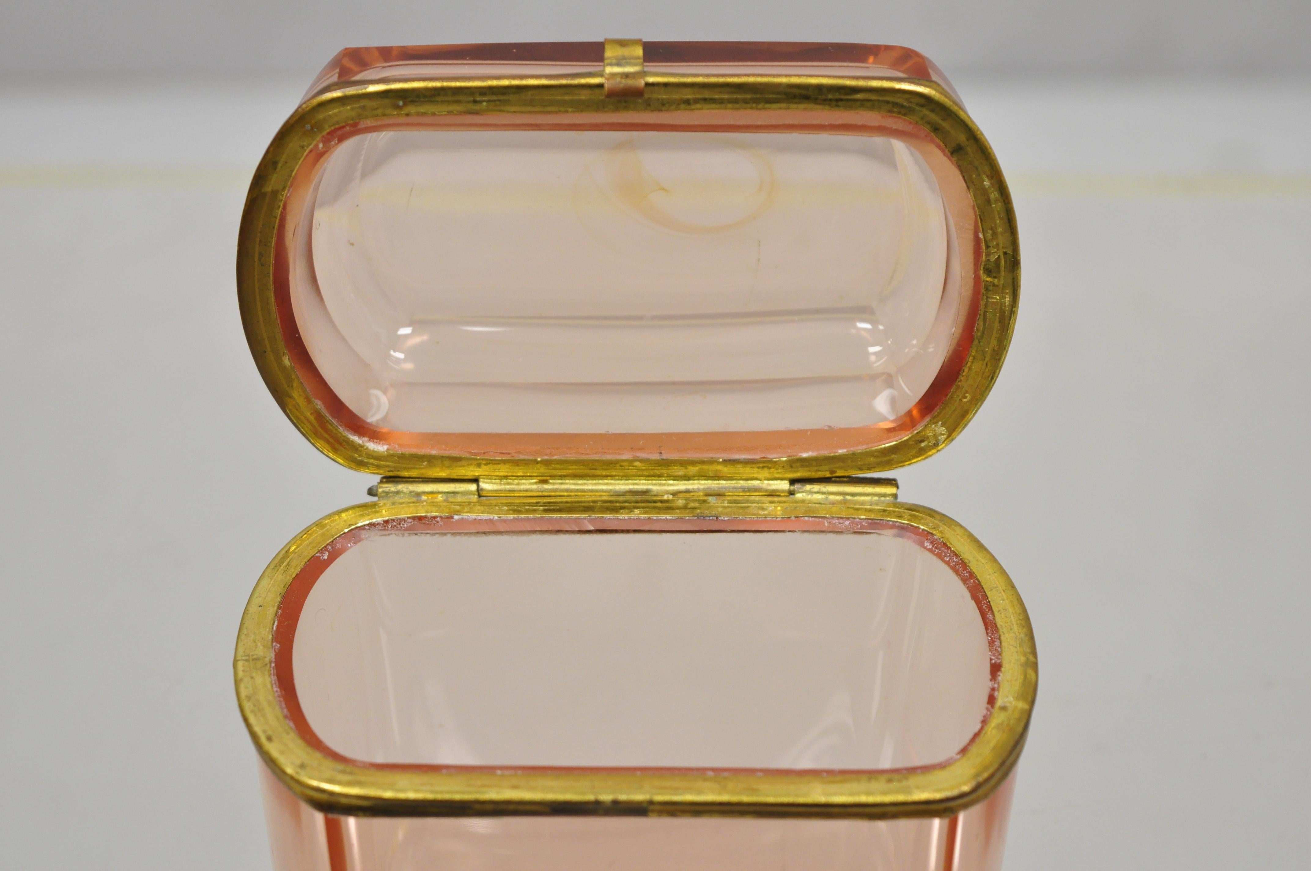 Victorian Antique Pink Glass Trinket Jewelry Casket Box Chest Brass Hinge