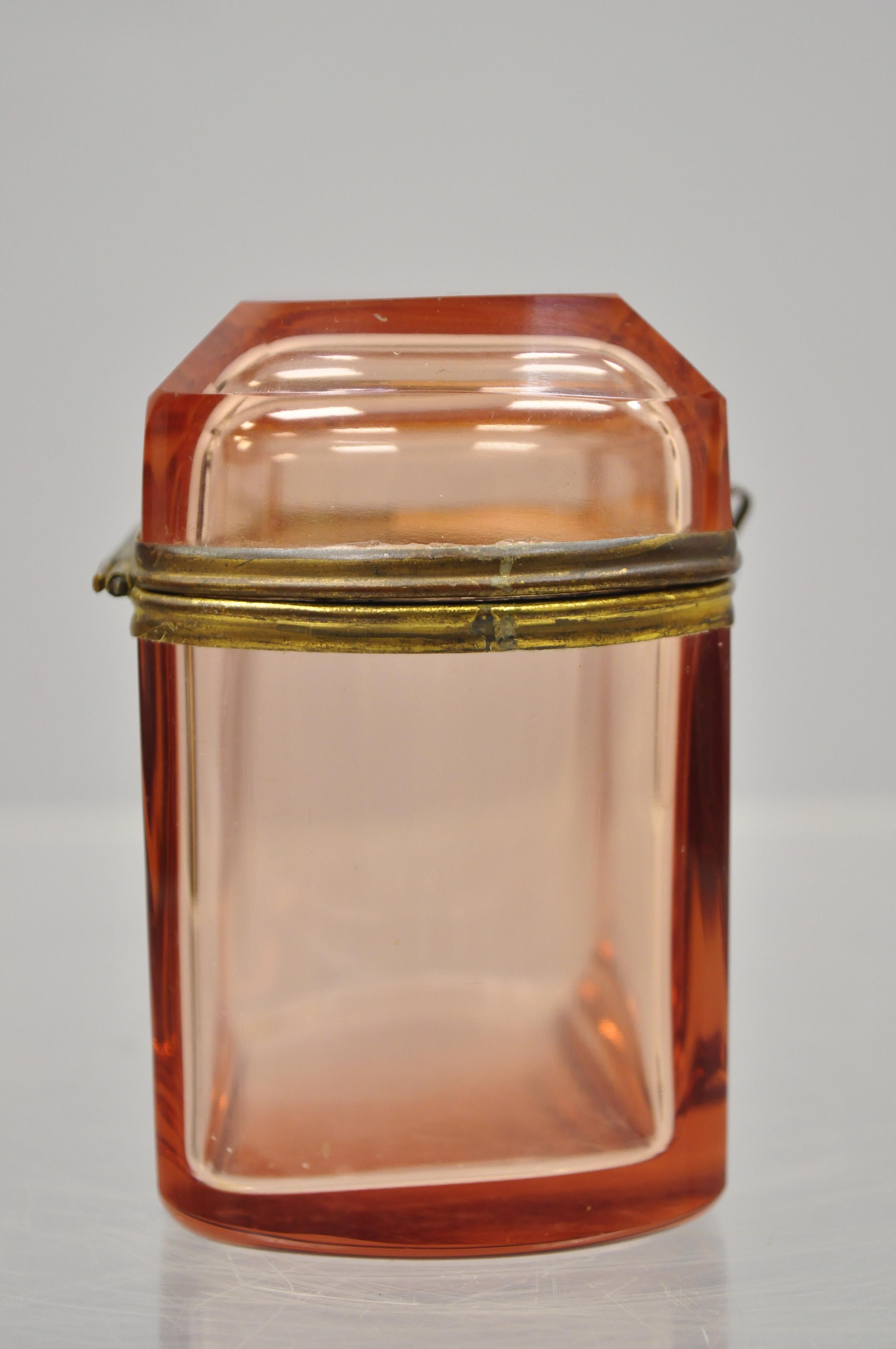 Antique Pink Glass Trinket Jewelry Casket Box Chest Brass Hinge 1