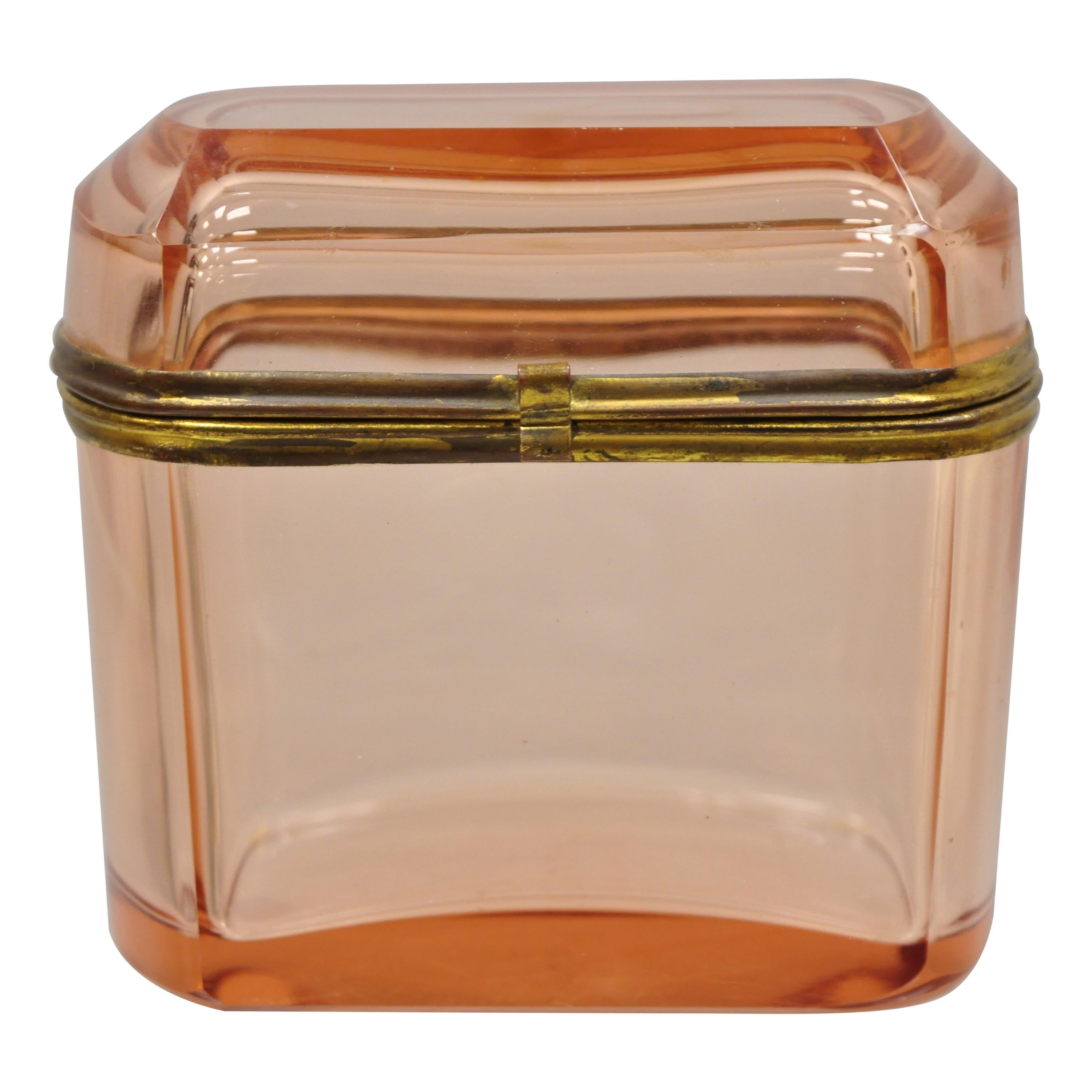 Antique Pink Glass Trinket Jewelry Casket Box Chest Brass Hinge
