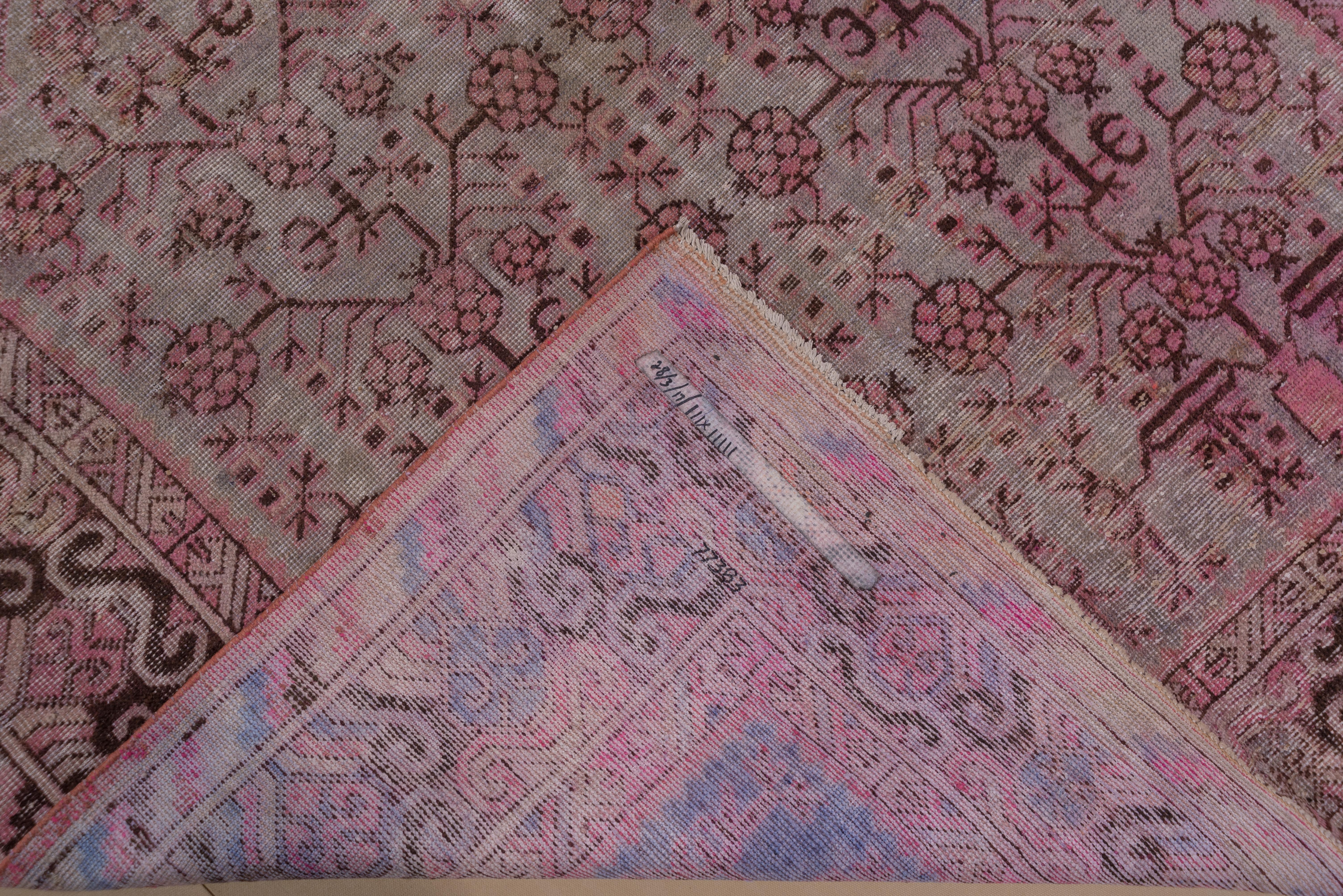 Antique Pink Khotan Rug, Gray Blue and Taupe Field, Pink and Brown Accents 4