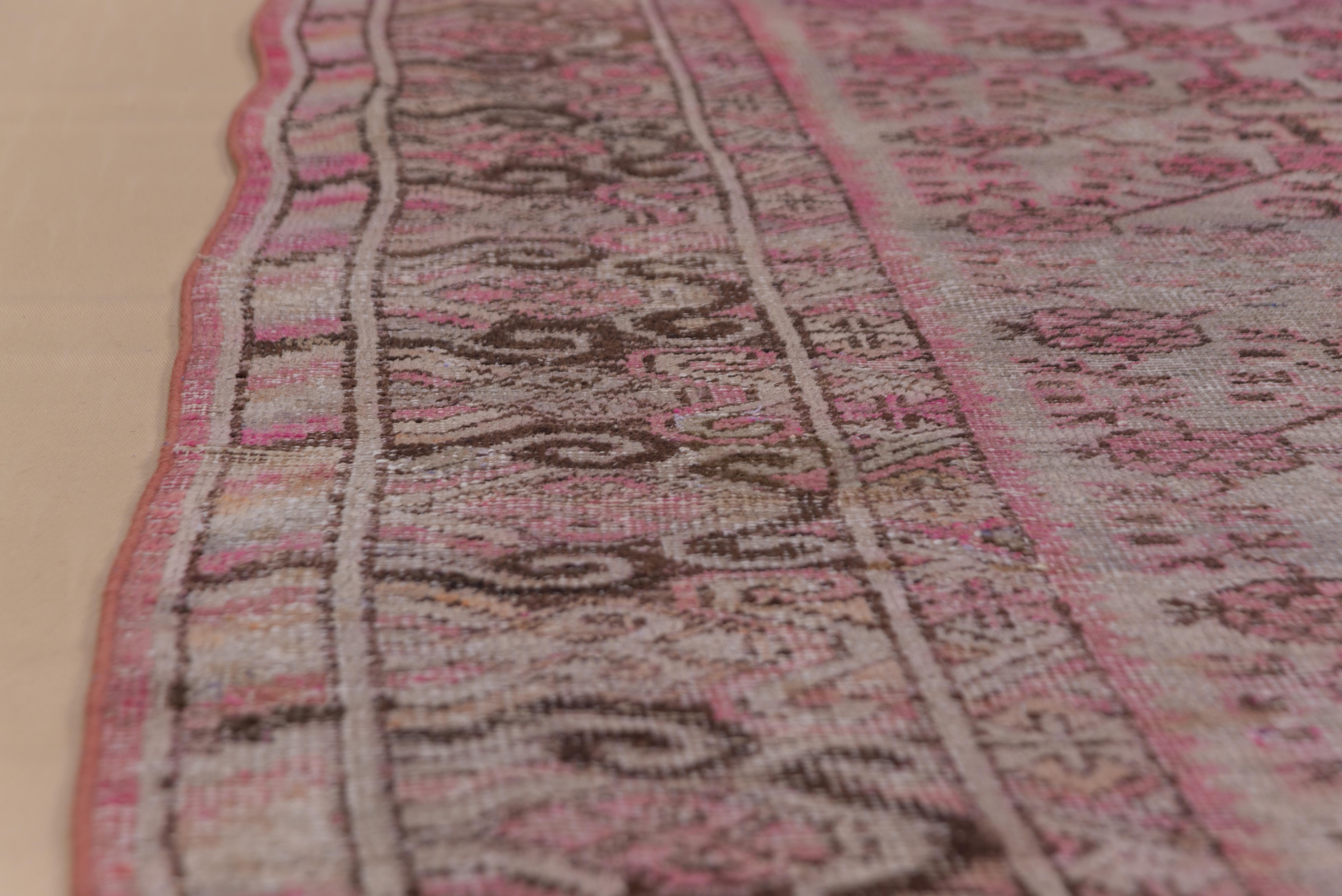 East Turkestani Antique Pink Khotan Rug, Gray Blue and Taupe Field, Pink and Brown Accents