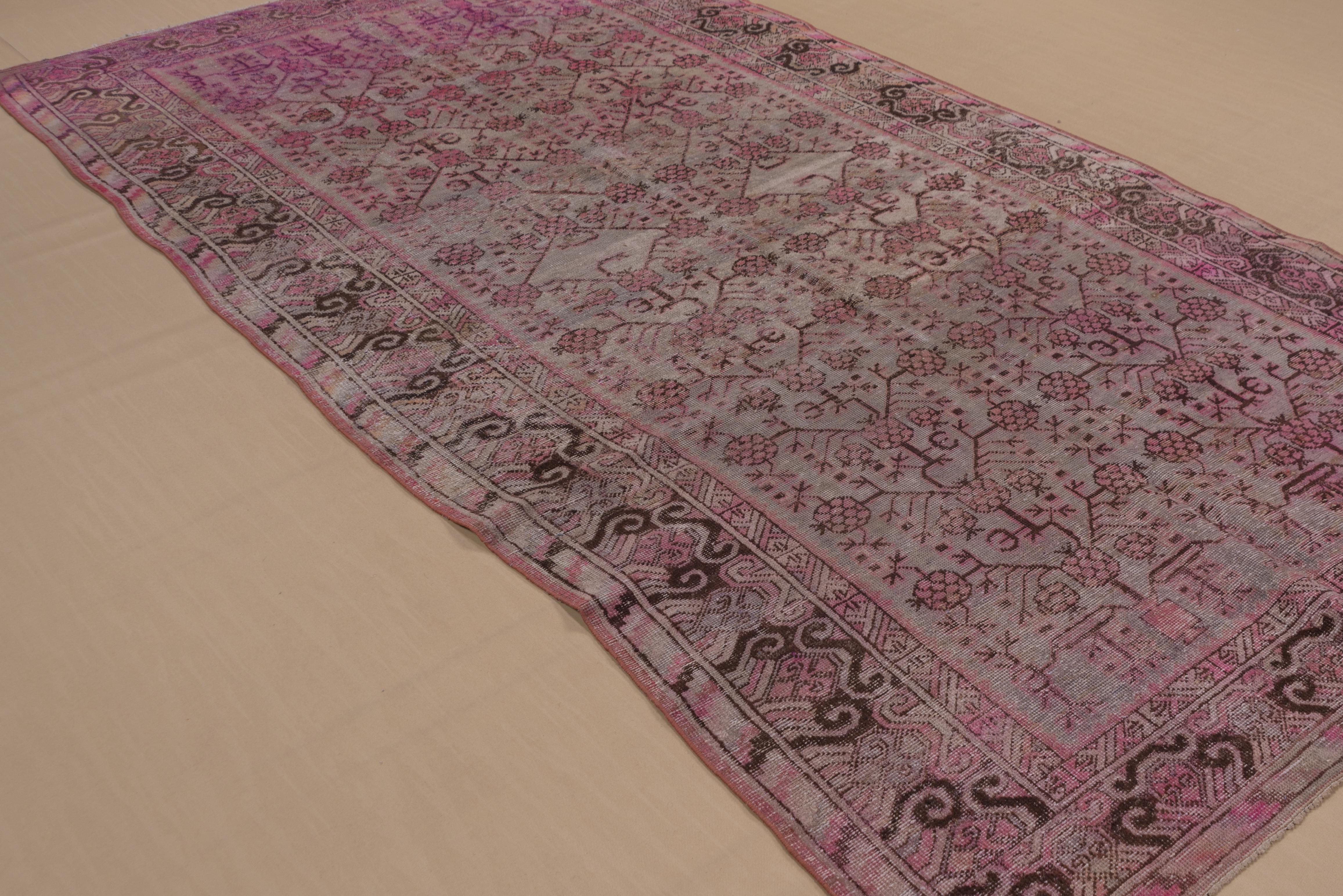 Antique Pink Khotan Rug, Gray Blue and Taupe Field, Pink and Brown Accents 2