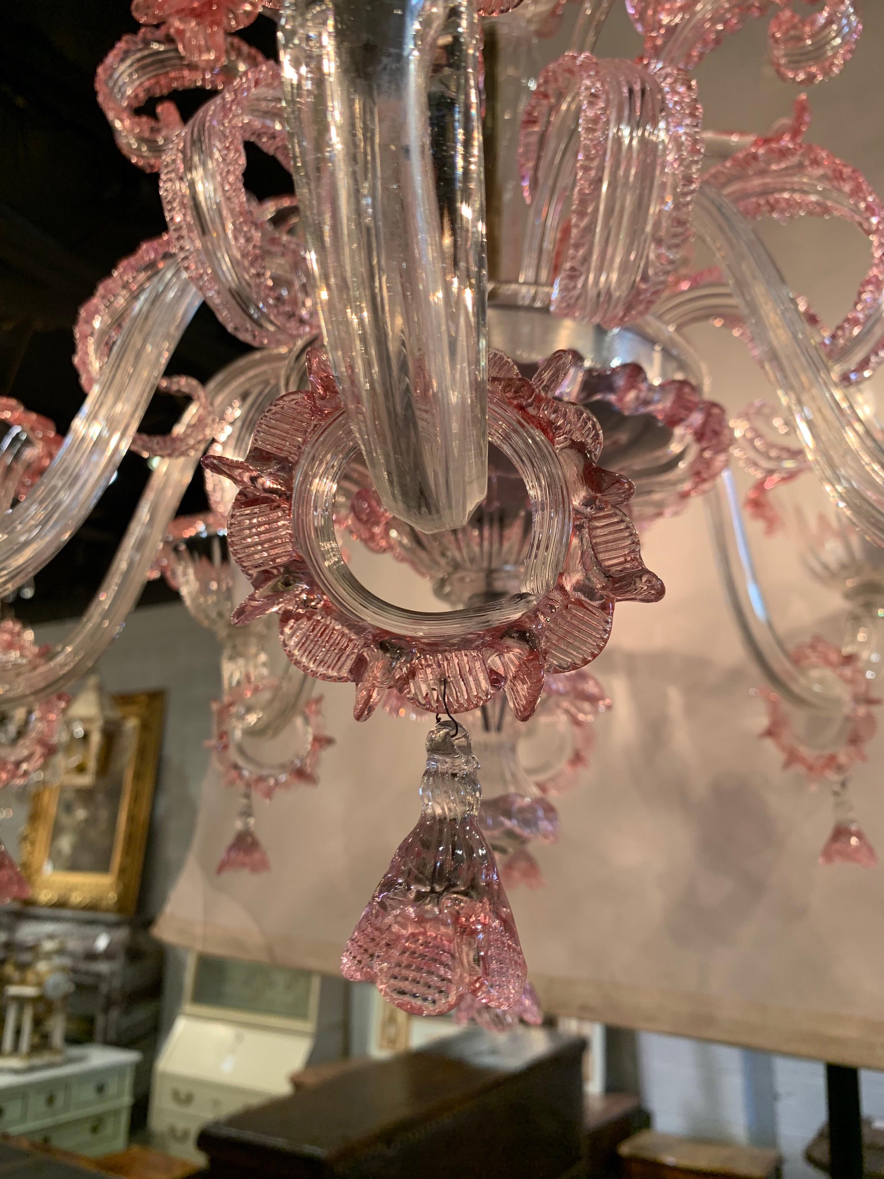 Antique Pink Murano Glass Chandelier In Good Condition In Dallas, TX