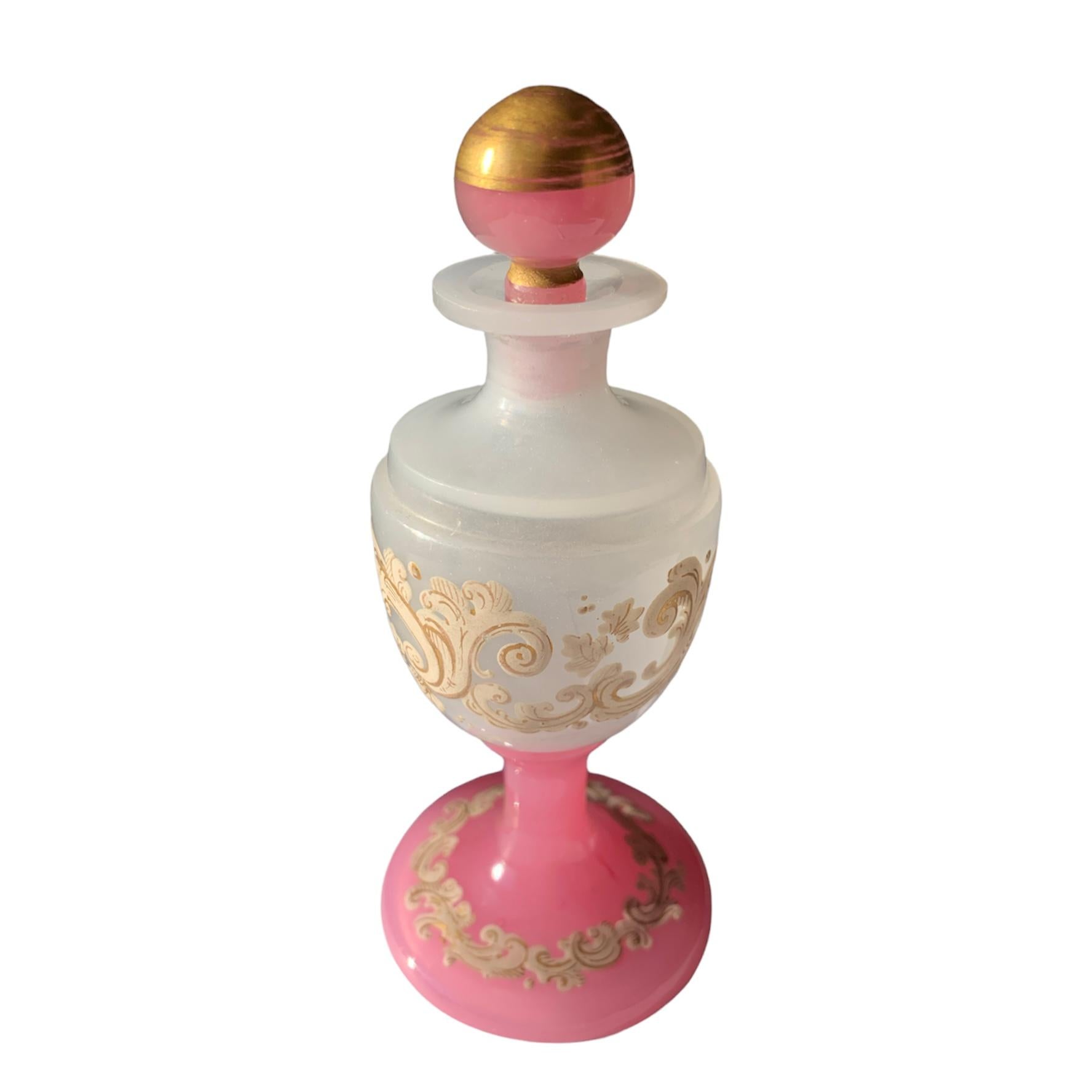 French Antique Pink Opaline Enameled Glass Perfume Bottle, Flacon, 19th Century For Sale