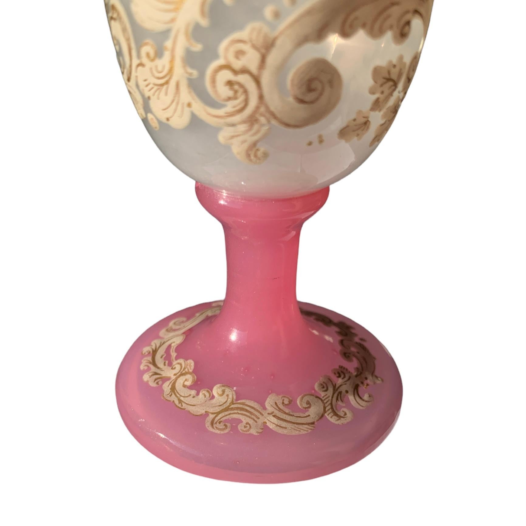 Opaline Glass Antique Pink Opaline Enameled Glass Perfume Bottle, Flacon, 19th Century For Sale