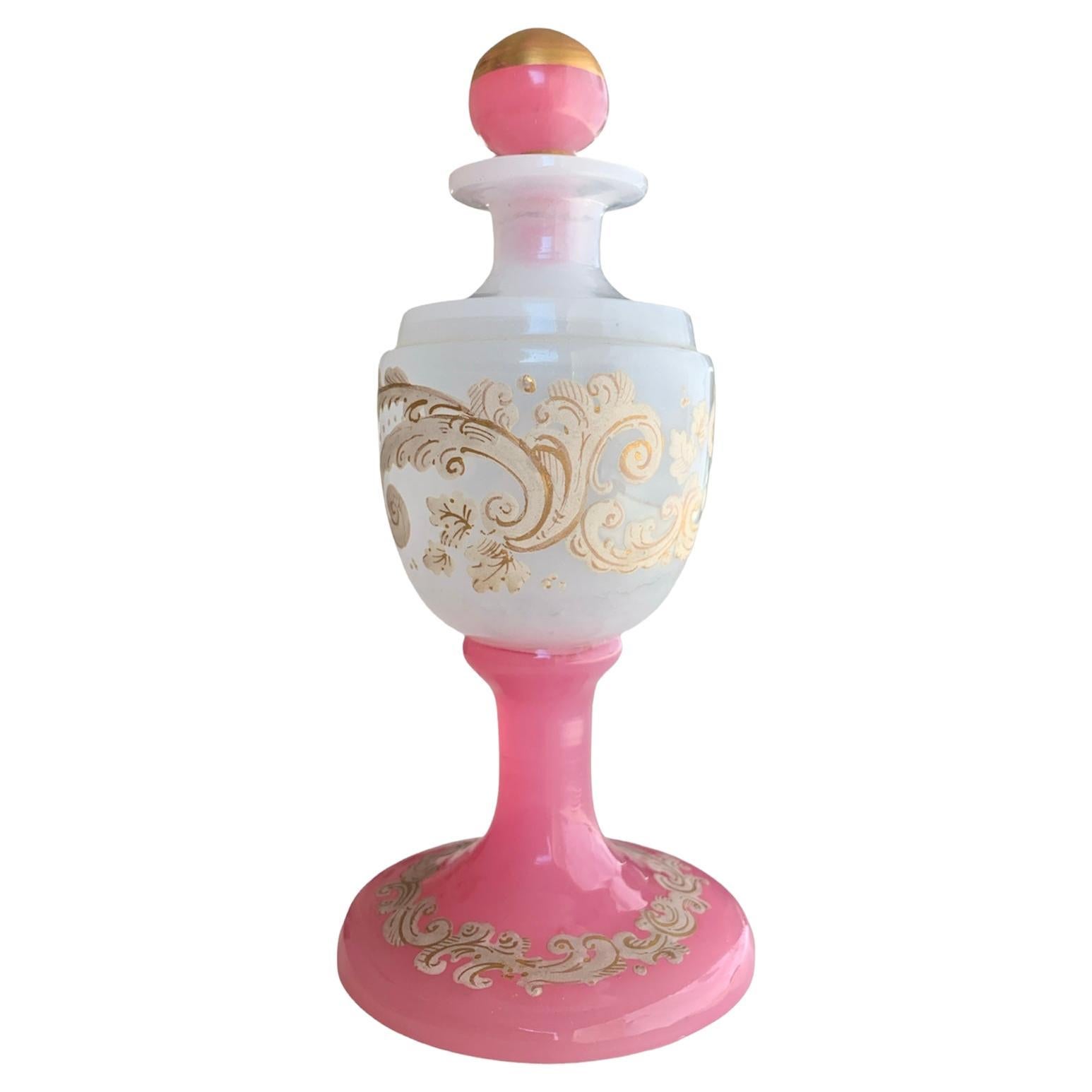 Antique Pink Opaline Enameled Glass Perfume Bottle, Flacon, 19th Century For Sale