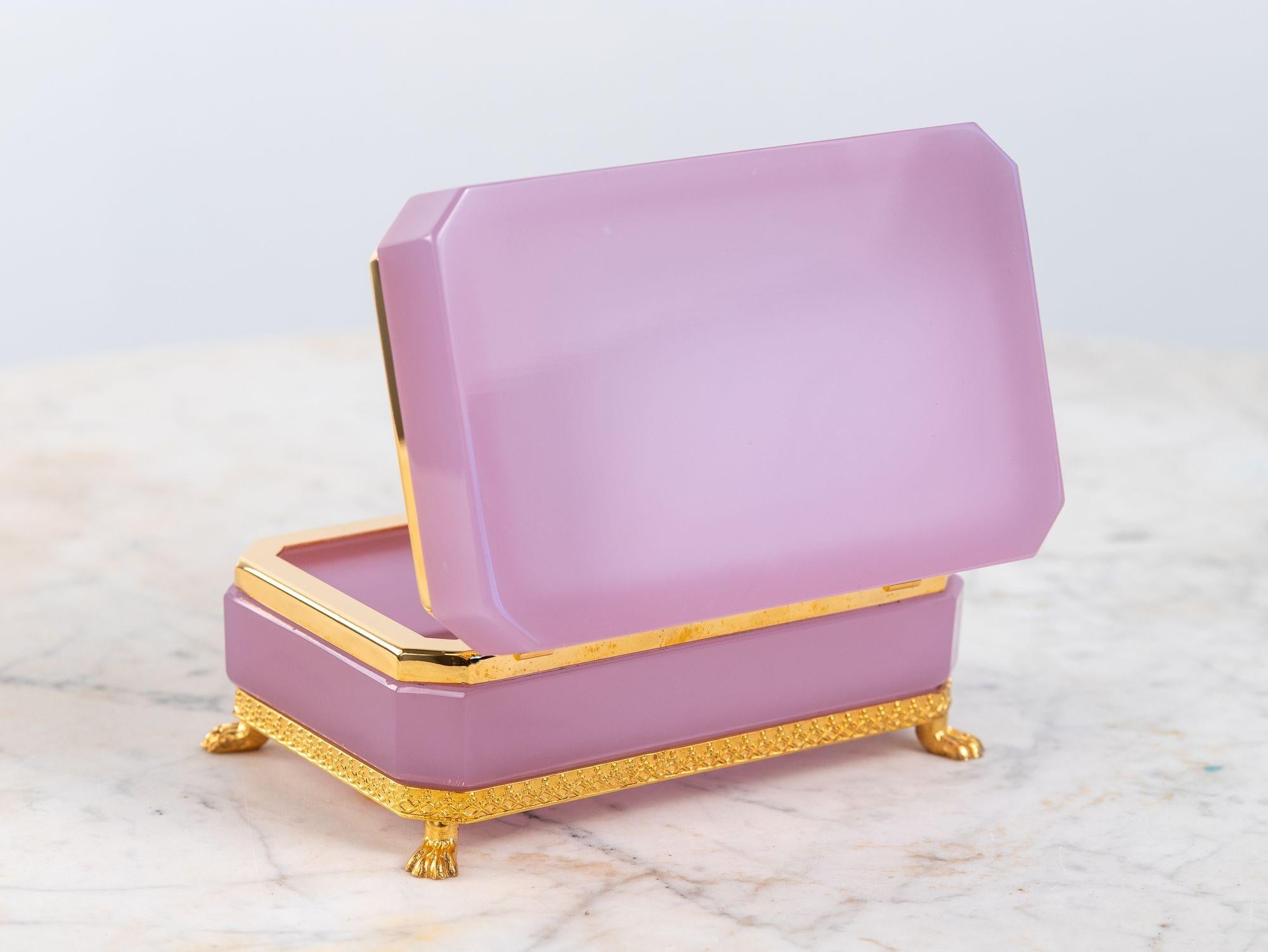 French Antique Pink Opaline Rectangular box with Brass Mounts, France 1890s For Sale