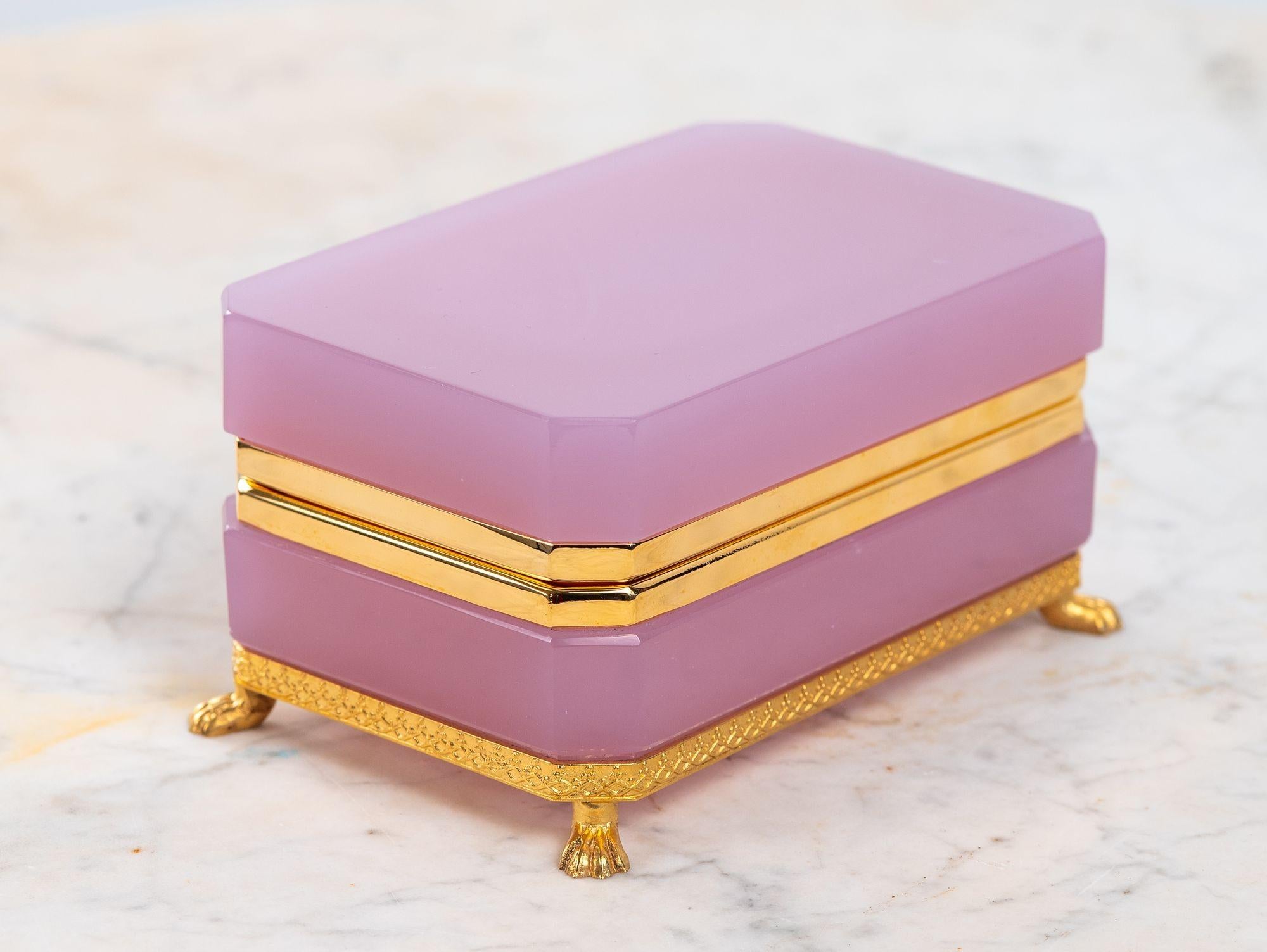 Late 19th Century Antique Pink Opaline Rectangular box with Brass Mounts, France 1890s For Sale