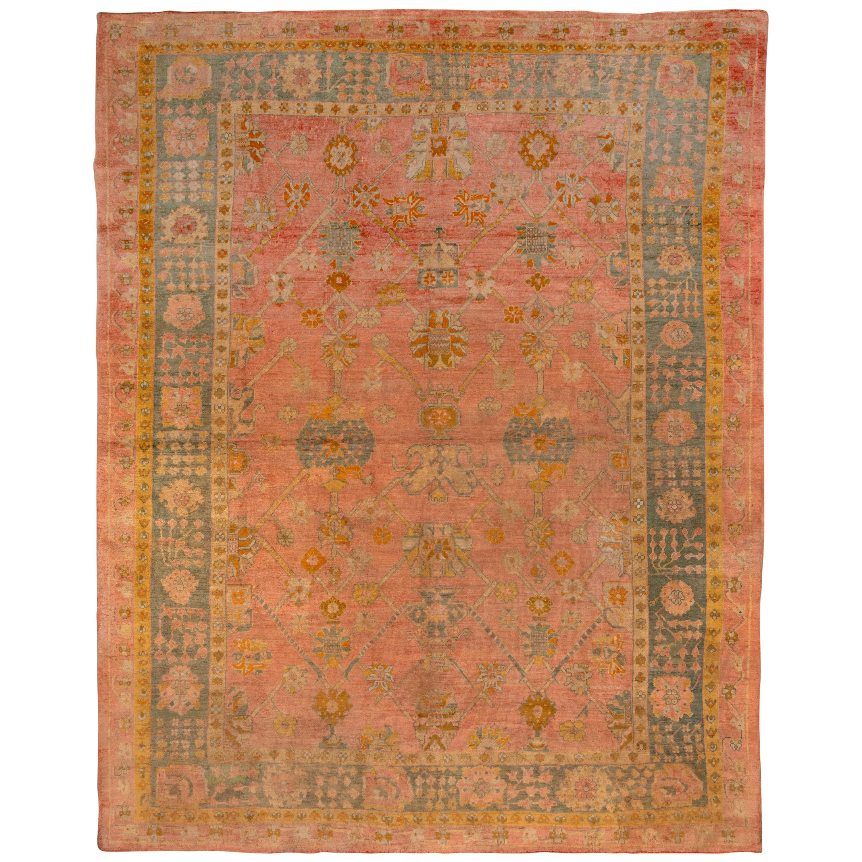 Antique Pink Oushak Carpet, Pink All-Over Field, Green and Yellow Border
