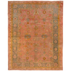 Antique Pink Oushak Carpet, Pink All-Over Field, Green and Yellow Border