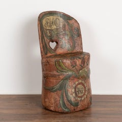 Antique Pink Painted Kubbestol Carved Log Chair, Sweden, Dated 1807