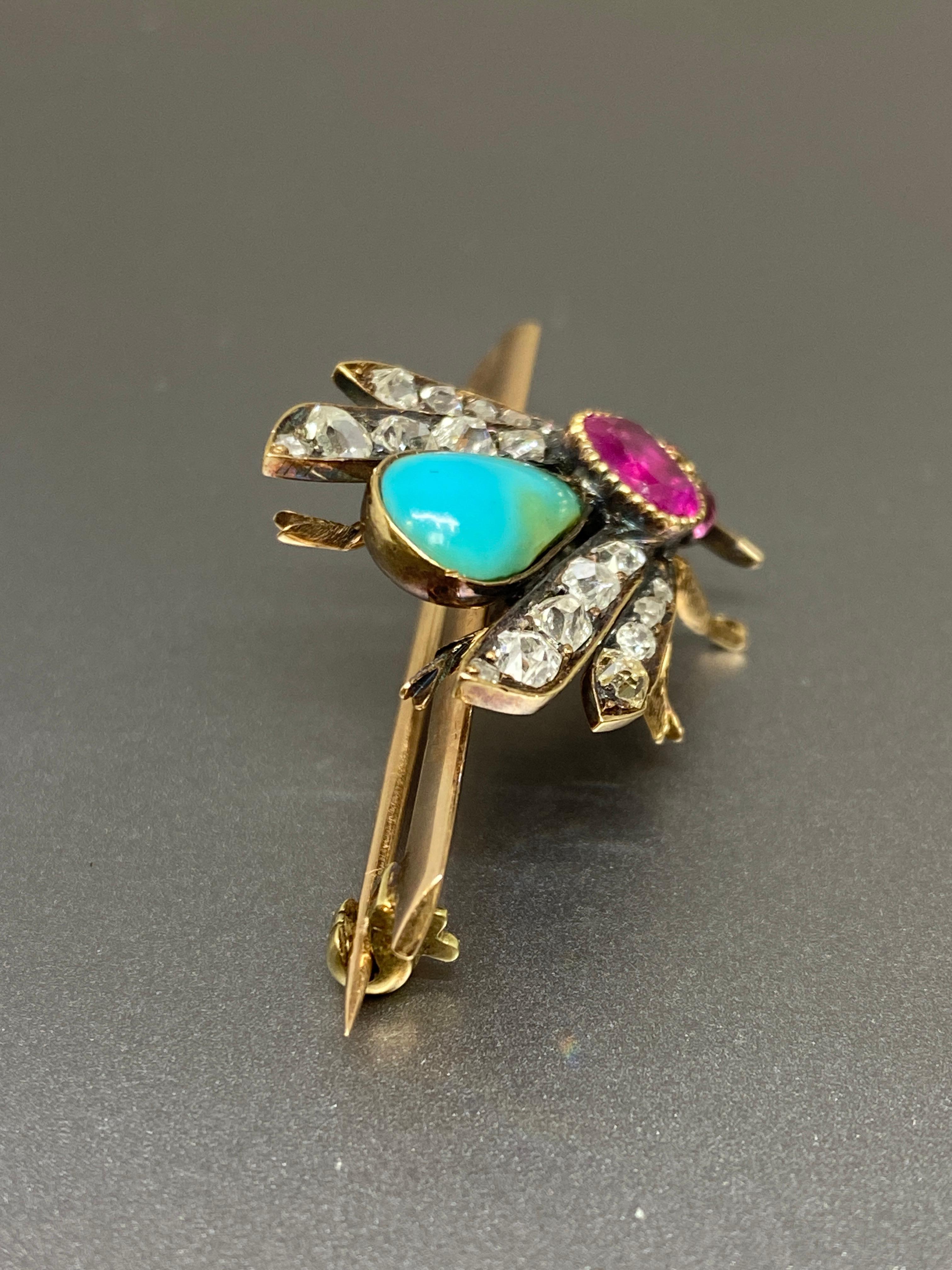  Antique Pink Sapphire Diamond Turquoise & 14k Yellow Gold Insect Bar Brooch For Sale 3