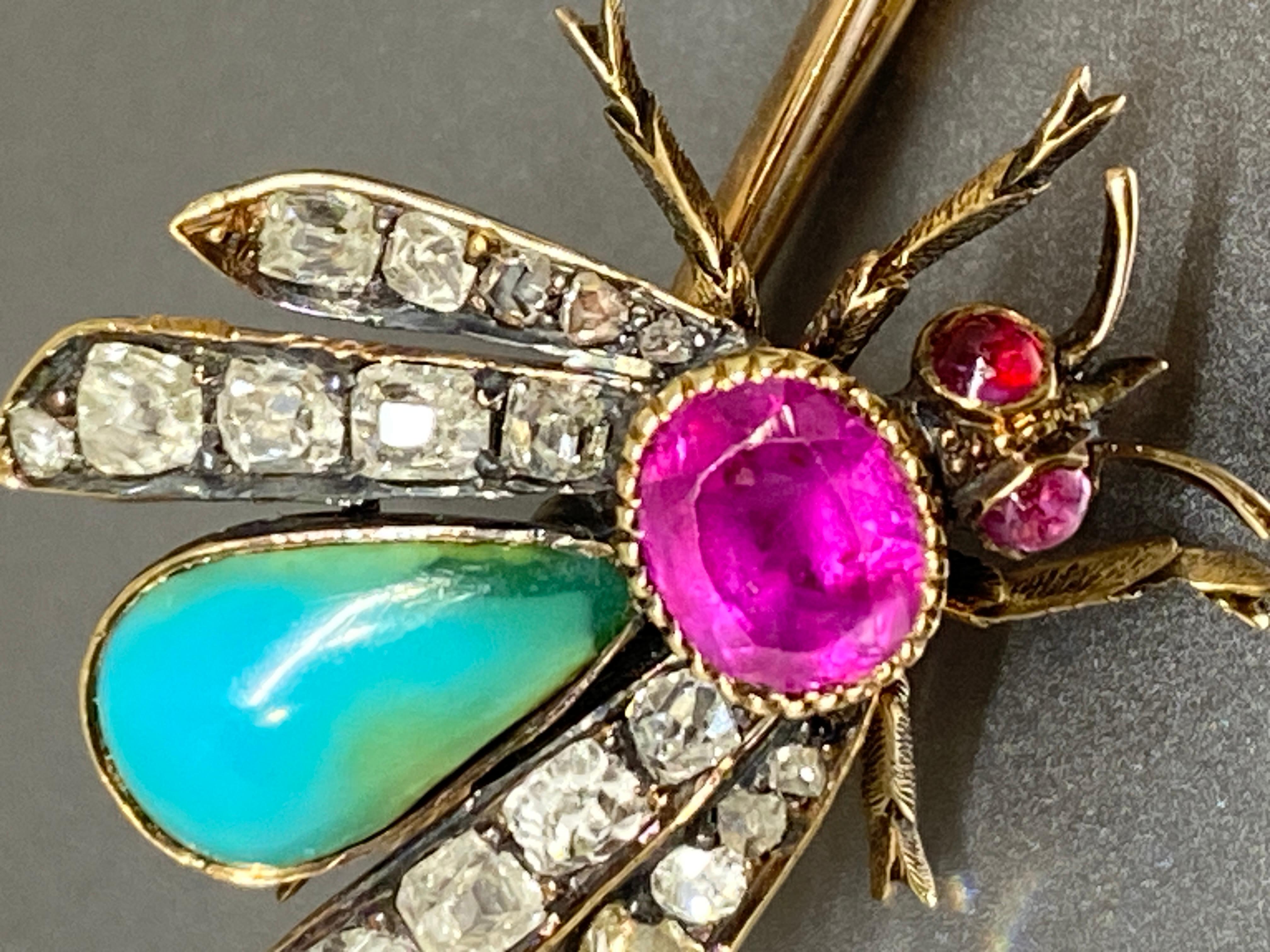  Antique Pink Sapphire Diamond Turquoise & 14k Yellow Gold Insect Bar Brooch For Sale 4