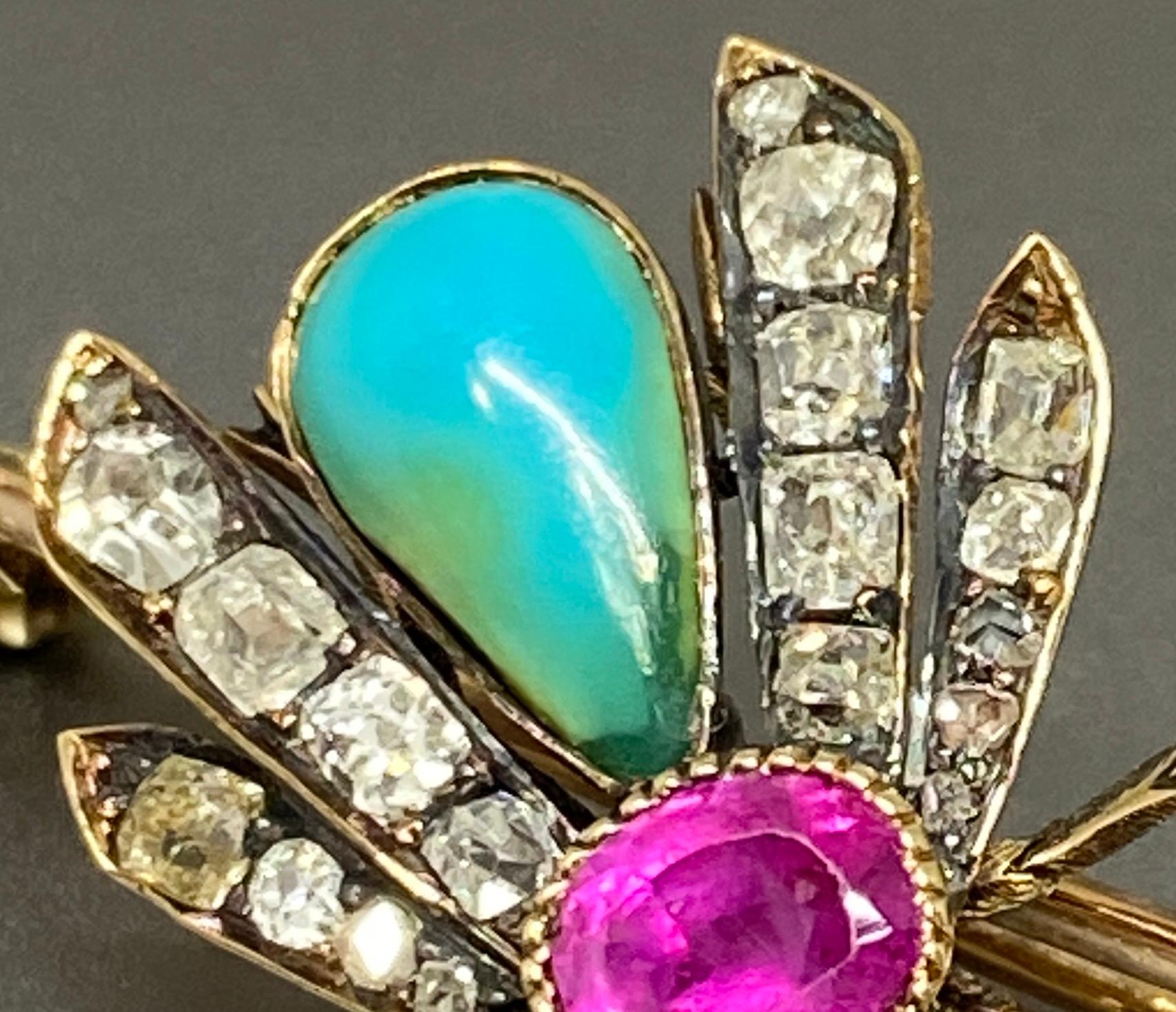 Antique Pink Sapphire Diamond Turquoise & 14k Yellow Gold Insect Bar Brooch For Sale 5