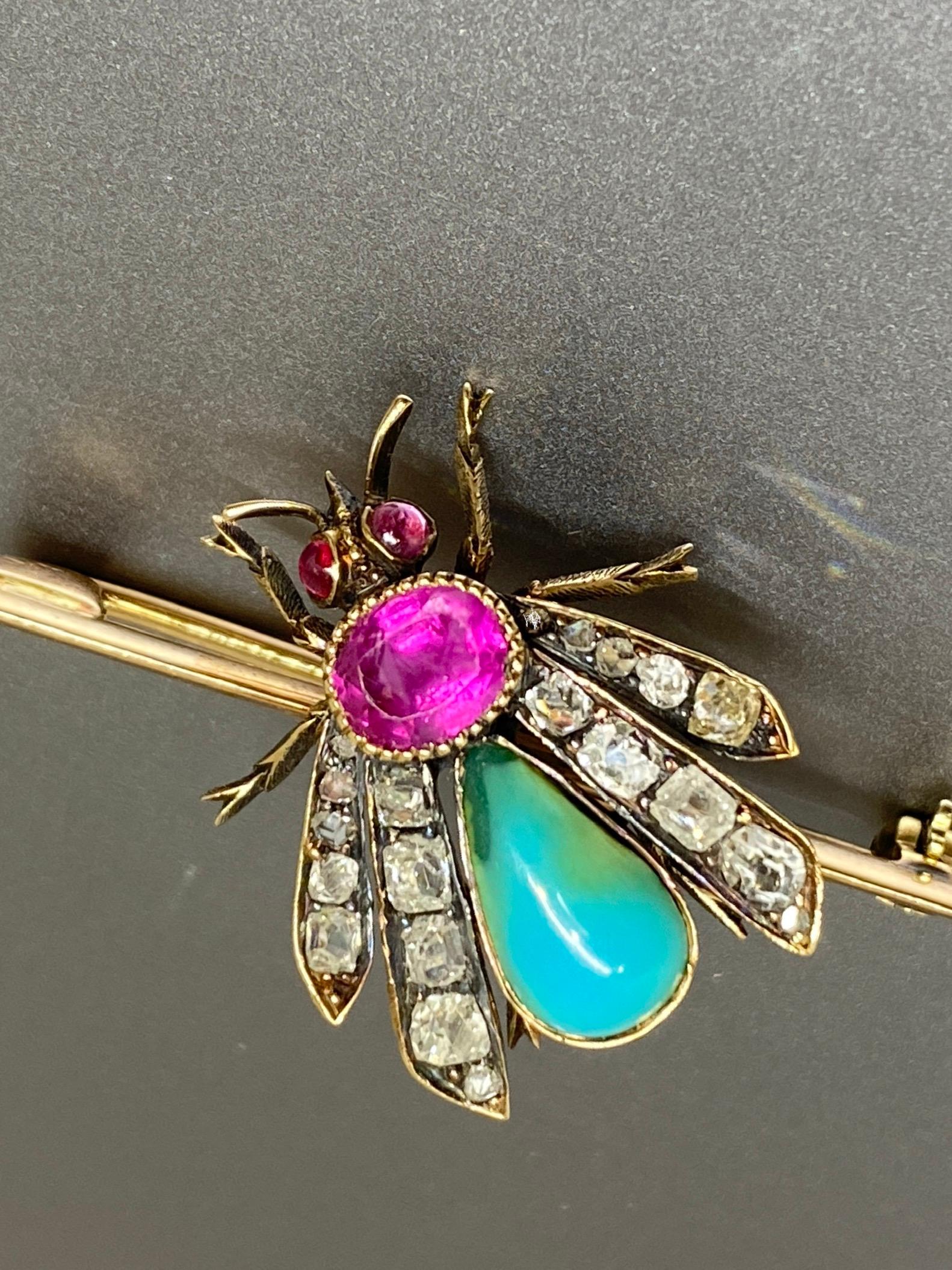  Antique Pink Sapphire Diamond Turquoise & 14k Yellow Gold Insect Bar Brooch For Sale 6