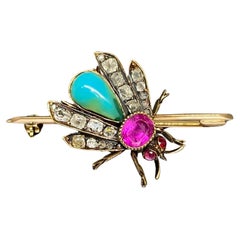 Antique Pink Sapphire Diamond Turquoise & 14k Yellow Gold Insect Bar Brooch