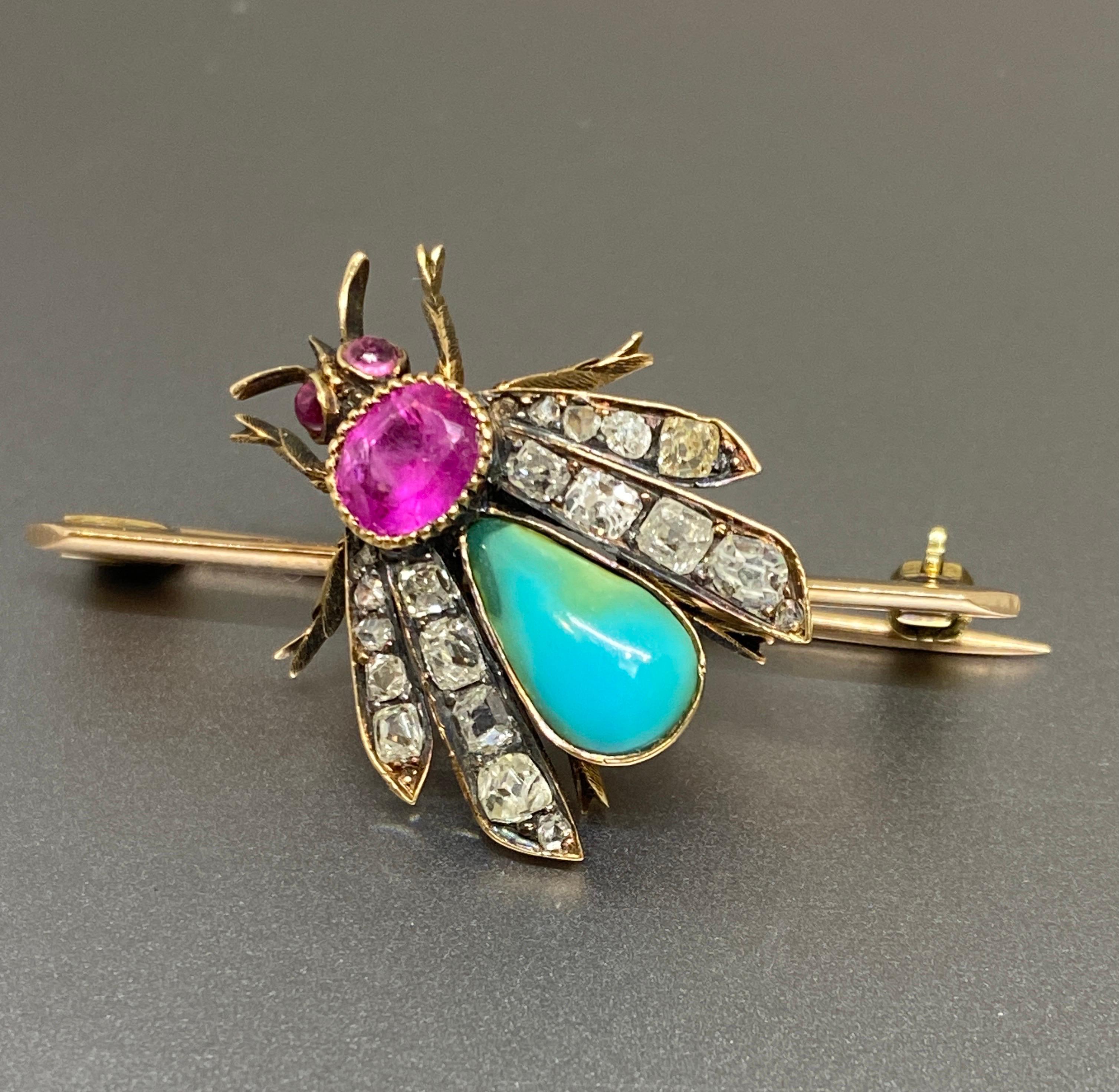 Late Victorian  Antique Pink Sapphire Diamond Turquoise & 14k Yellow Gold Insect Bar Brooch For Sale