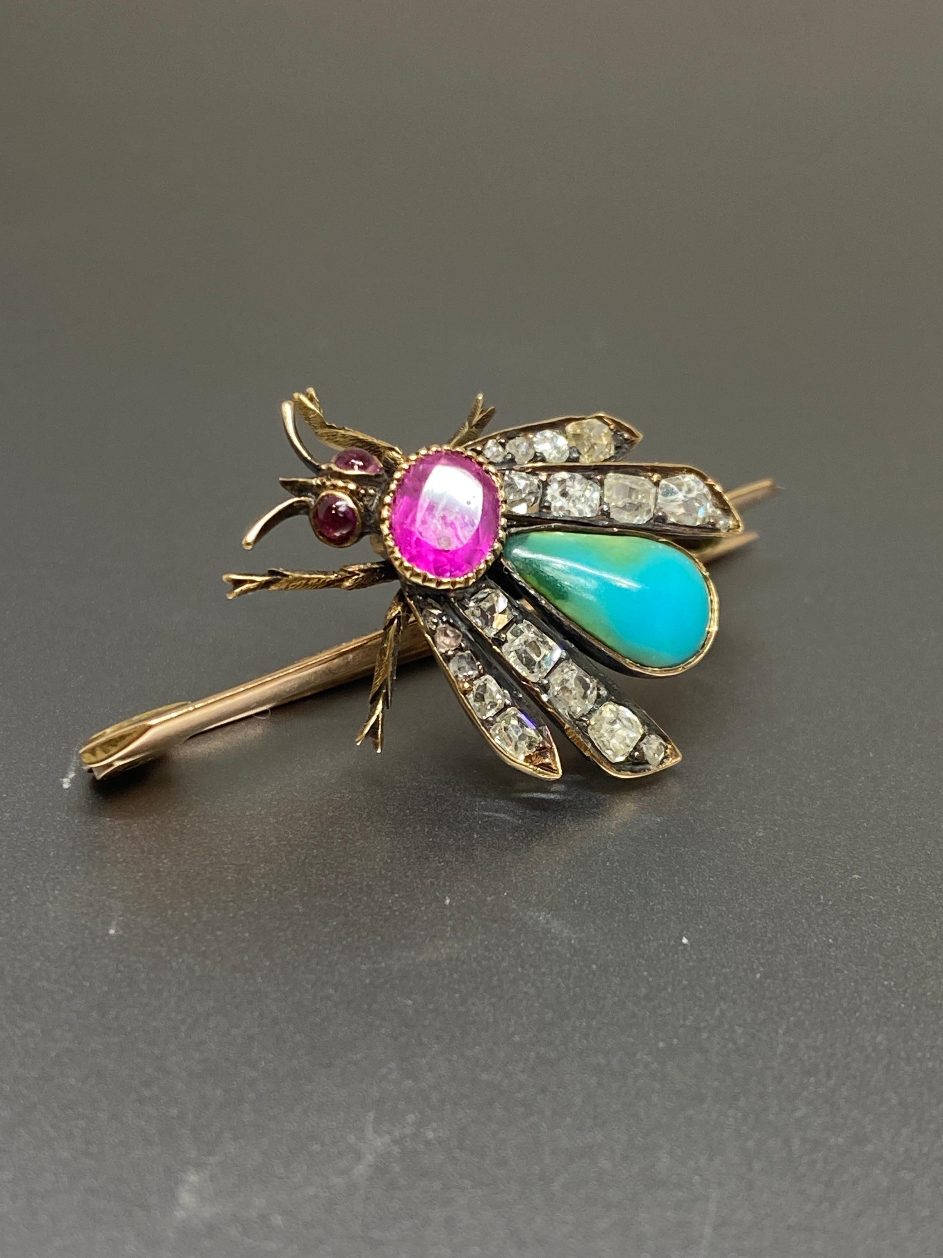 Old Mine Cut  Antique Pink Sapphire Diamond Turquoise & 14k Yellow Gold Insect Bar Brooch For Sale