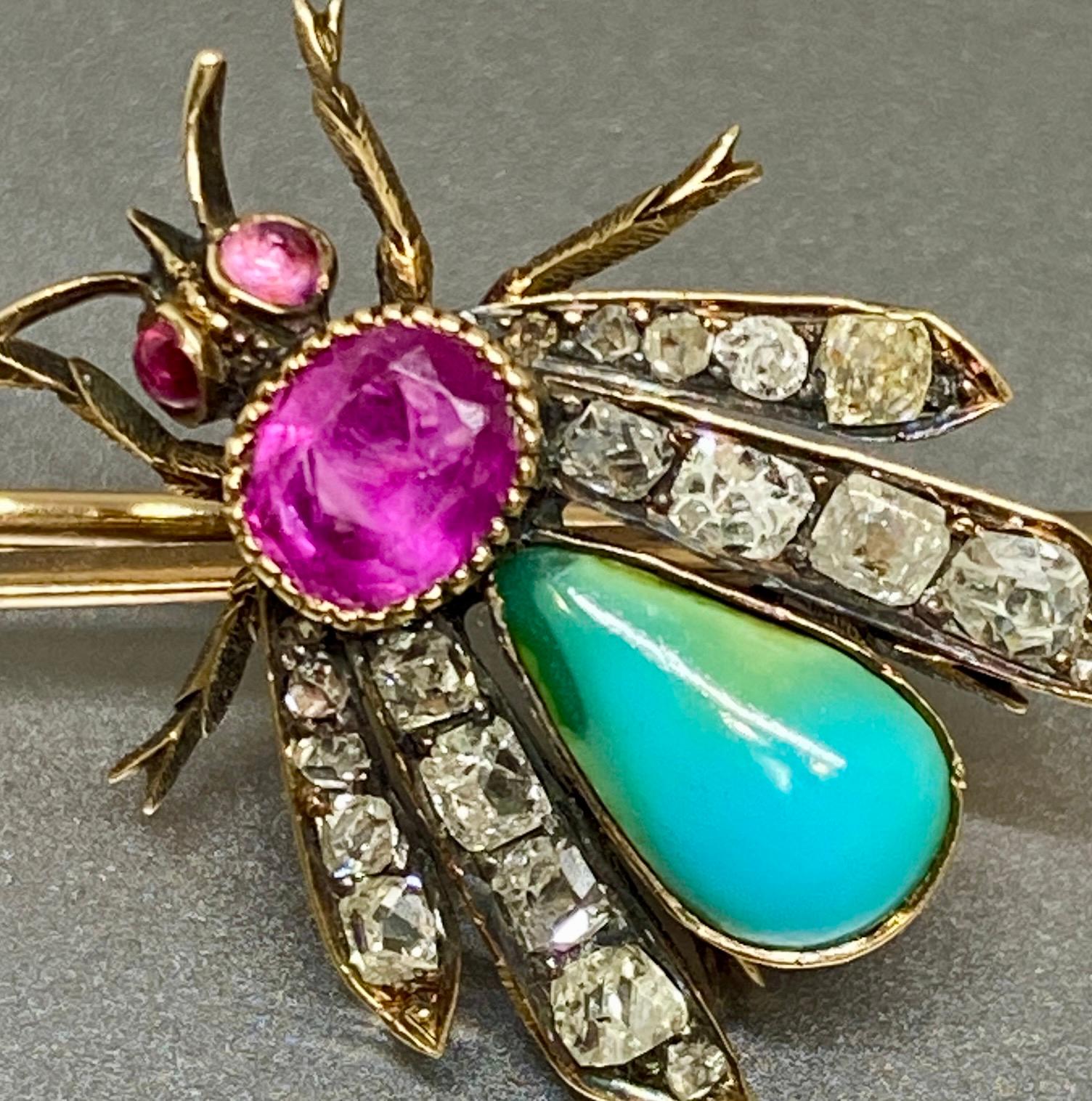  Antique Pink Sapphire Diamond Turquoise & 14k Yellow Gold Insect Bar Brooch In Good Condition For Sale In Bernardsville, NJ