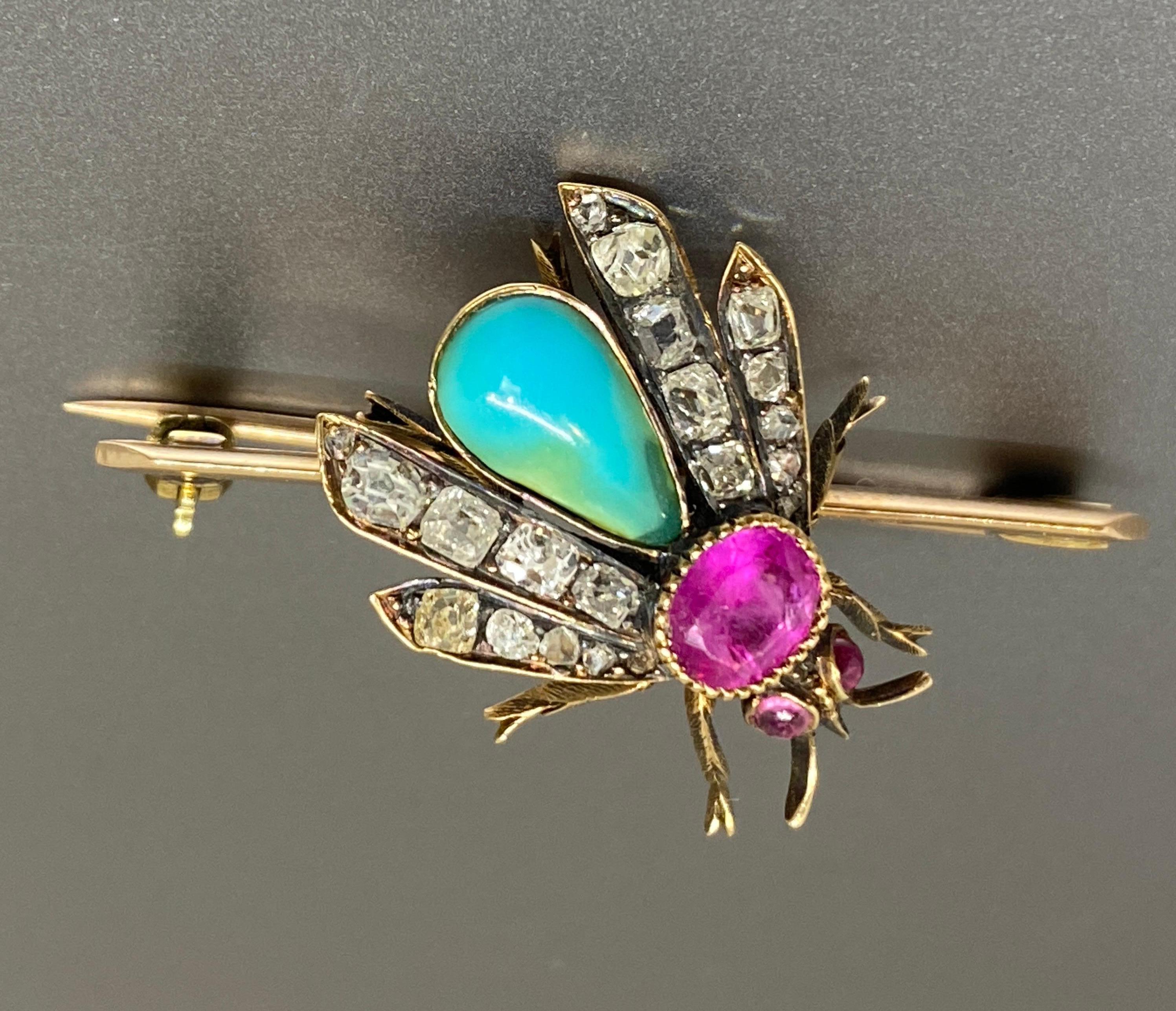 Women's or Men's  Antique Pink Sapphire Diamond Turquoise & 14k Yellow Gold Insect Bar Brooch For Sale