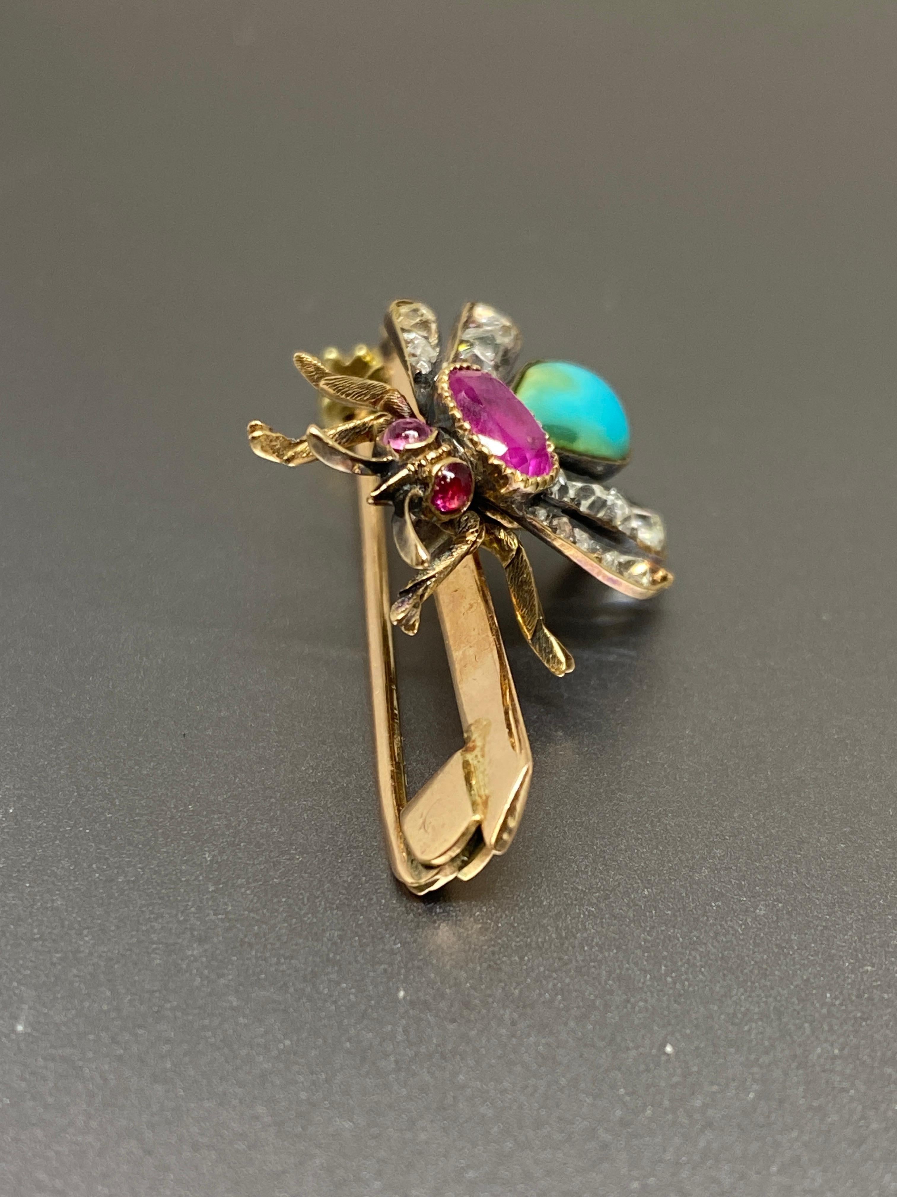  Antique Pink Sapphire Diamond Turquoise & 14k Yellow Gold Insect Bar Brooch For Sale 2