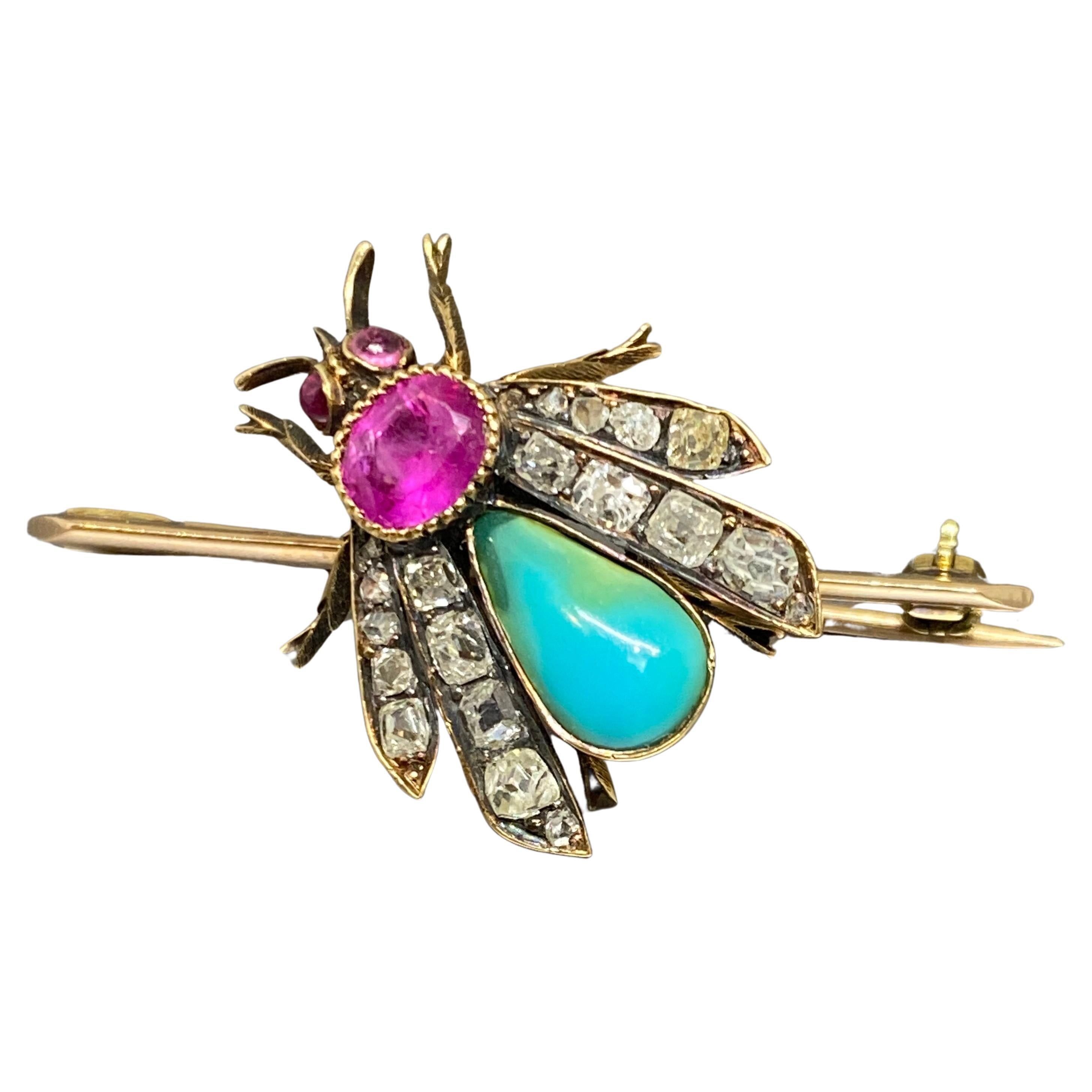  Antique Pink Sapphire Diamond Turquoise & 14k Yellow Gold Insect Bar Brooch For Sale