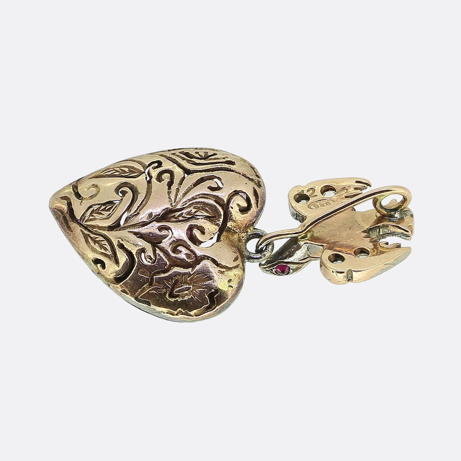 Taille rose Pendentif en forme d'oiseau avec cœur en saphir rose et diamant taillé en rose en vente