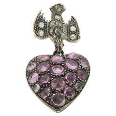 Antique Pink Sapphire Heart and Rose Cut Diamond Bird Drop Pendant