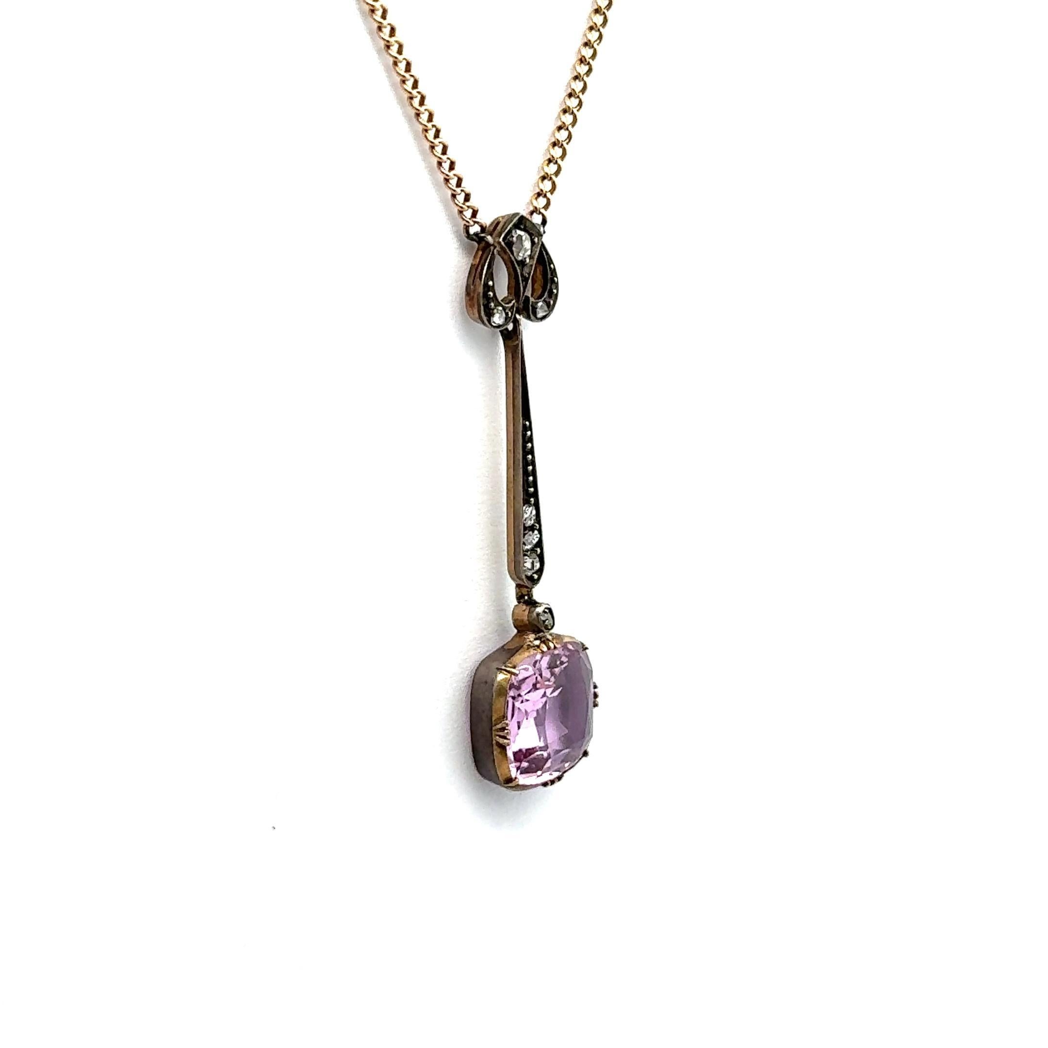 Art Deco Antique Pink Topaz Diamond 14k Gold & Silver Necklace For Sale